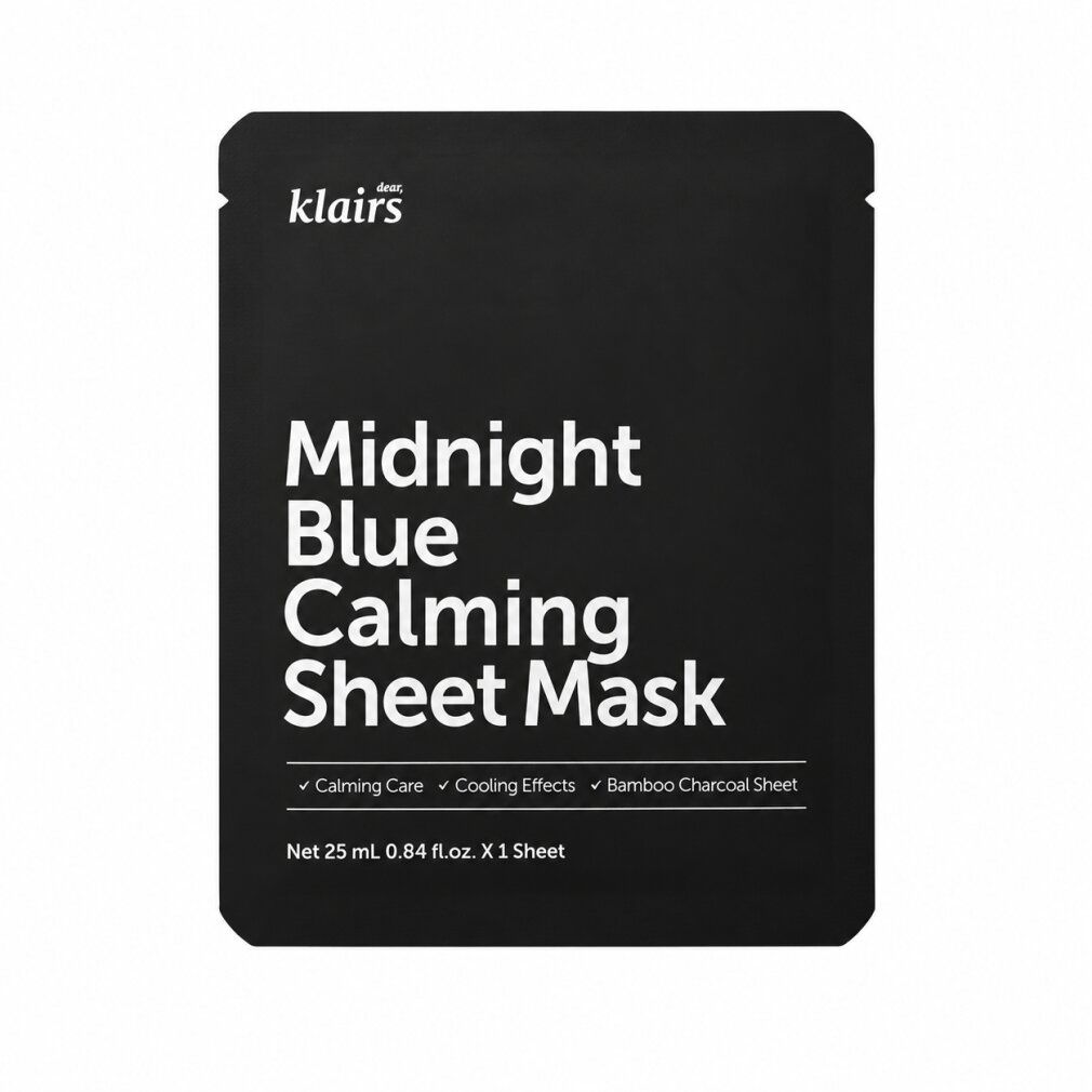 Klairs Midnight Blue Calming Sheet Mask Verpackung mit Text.