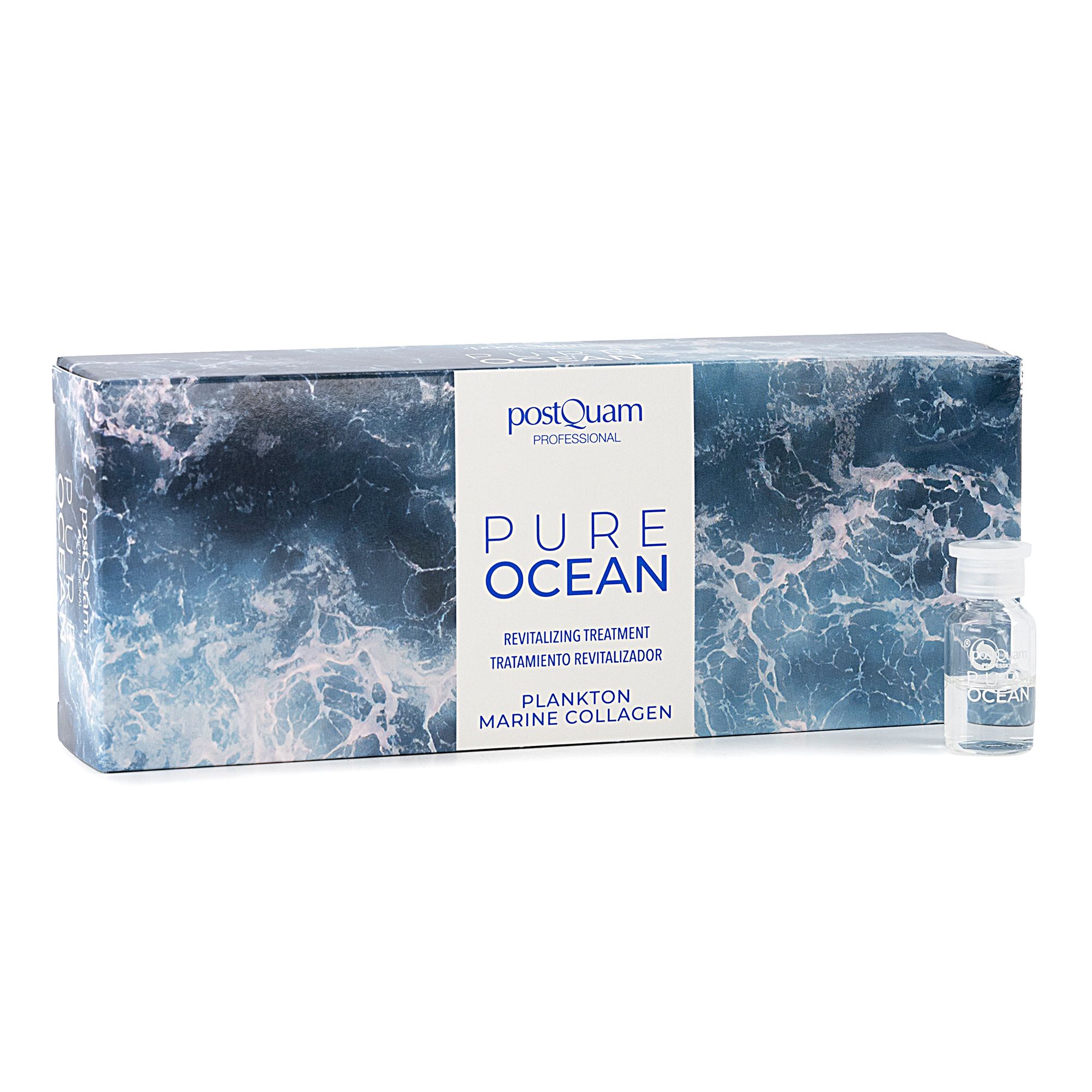 Kartonverpackung mit "postQuam" und "PURE OCEAN" Schriftzug. Enthält eine Ampulle. Hintergrund: Meeresmuster.