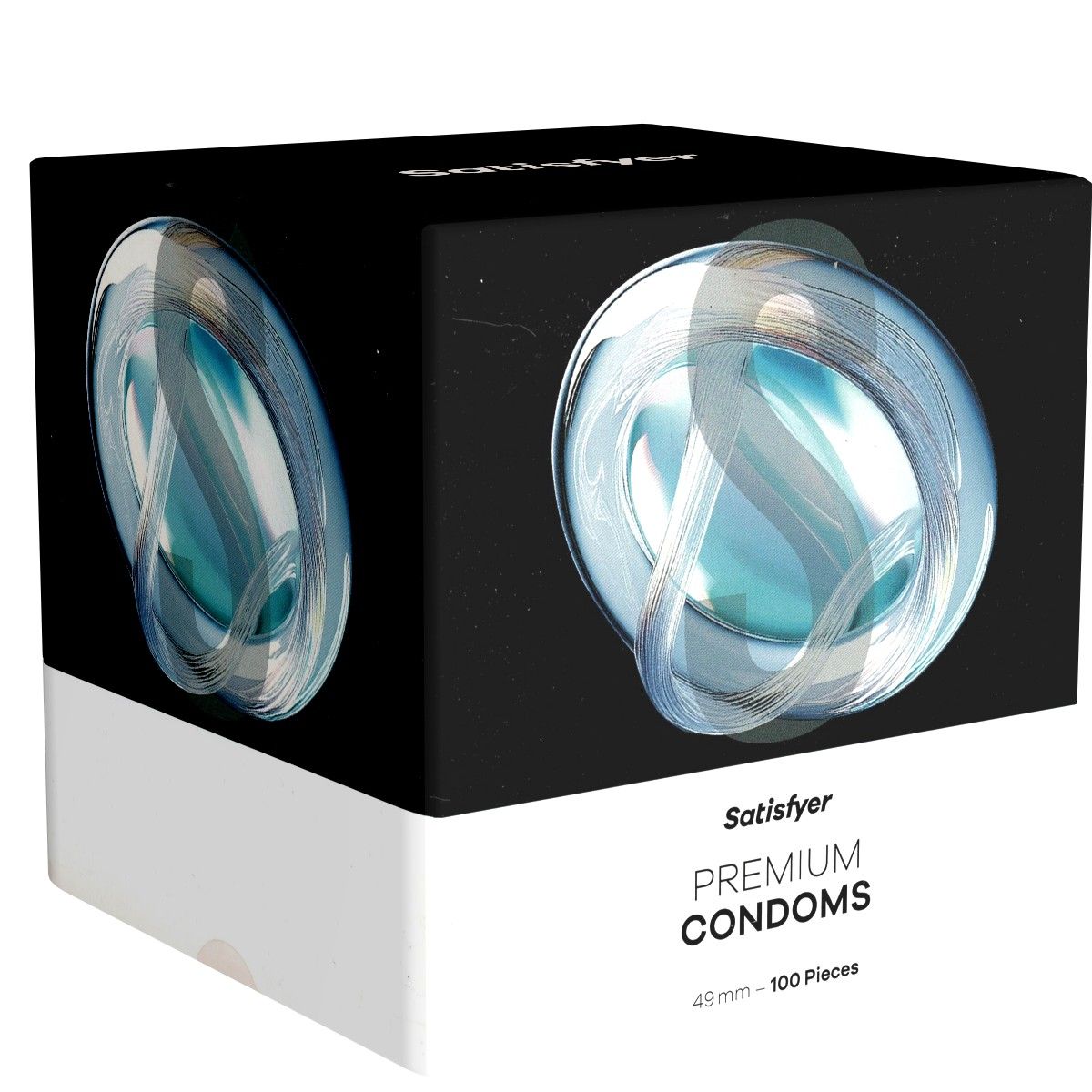Verpackung von Satisfyer Premium Kondomen. Schwarzer Deckel mit abstraktem Design, weißer Boden. Schriftzug: Premium Condoms, 49mm - 100 Pieces.