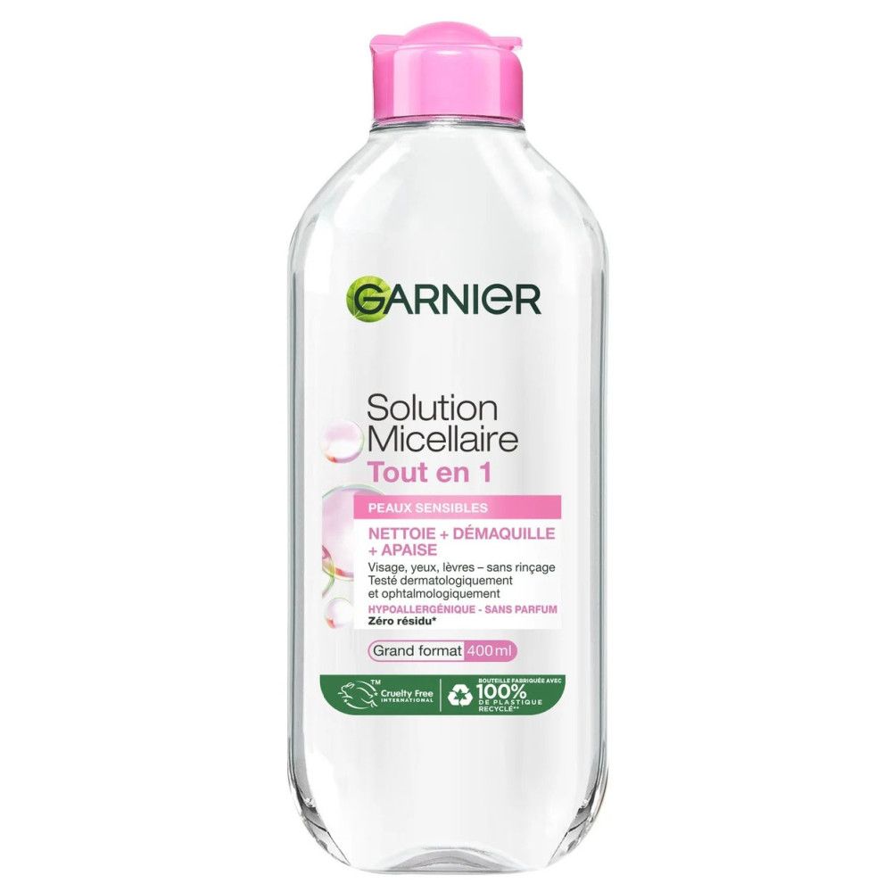 Garnier Mizellen-Lösung, Flasche mit rosa Deckel. Aufschrift: Solution Micellaire, Tout en 1, für sensible Haut. 400ml.