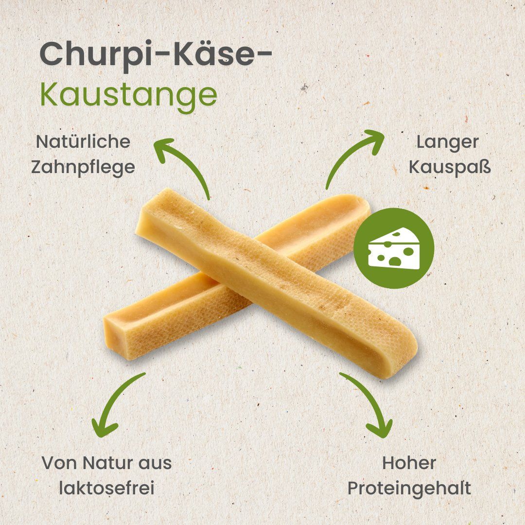 Churpi-Käse-Kaustange. Natürliche Zahnpflege, langer Kauspaß, laktosefrei, hoher Proteingehalt.