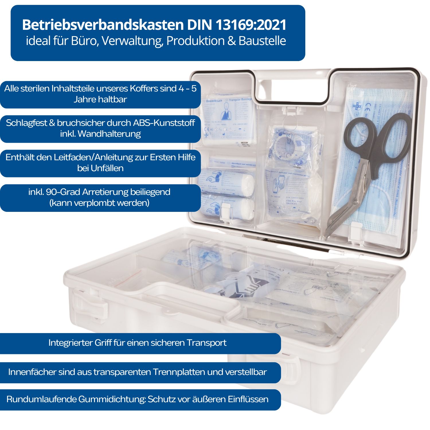 Geöffneter Erste-Hilfe-Koffer mit Inhalt. Enthält Verbandsmaterial, Schere und weitere medizinische Artikel. Transparente Fächer.