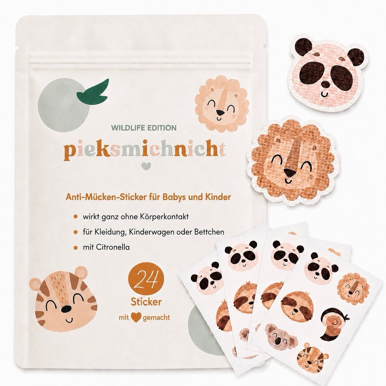Verpackung mit 24 Anti-Mücken-Stickern für Babys und Kinder im Wildlife Design.