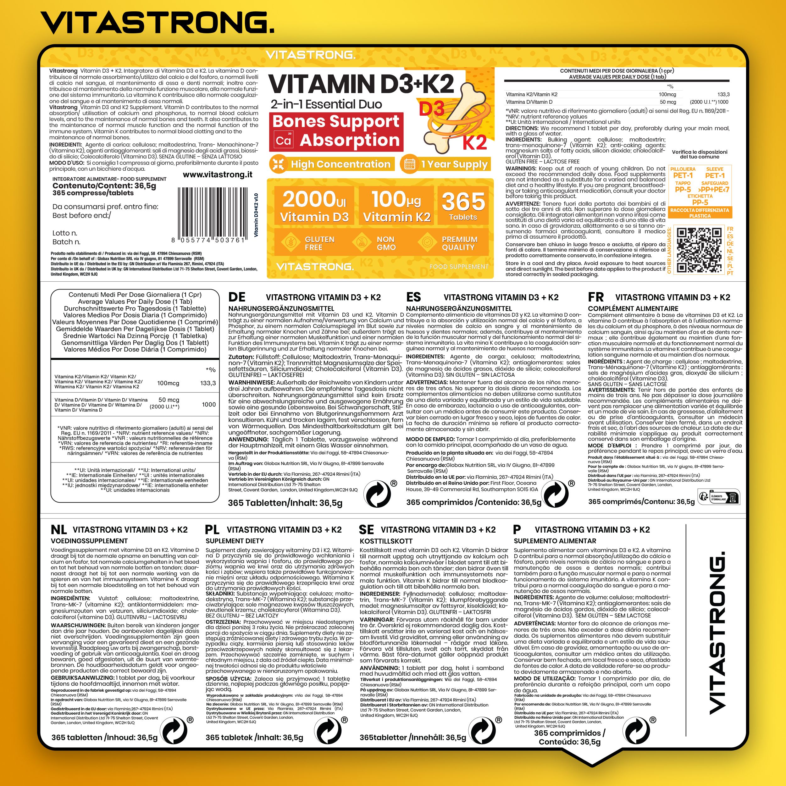 Rückseite der Vitastrong Vitamin D3+K2 Verpackung. Mehrsprachiger Text, Inhaltsstoffe, Nährwertangaben, Herstellerinformationen.