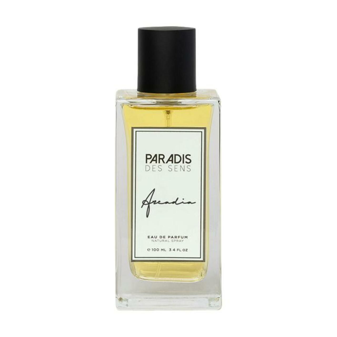 Parfumflakon mit schwarzem Deckel. Aufschrift: PARADIS DES SENS, Arcadia, Eau de Parfum.