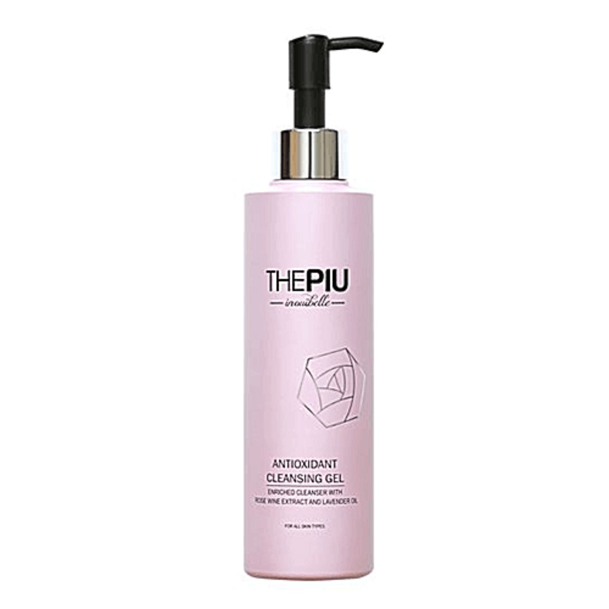 Rosa Flasche mit schwarzem Pumpkopf. Aufschrift: THE PIU - invisiblelle, Antioxidant Cleansing Gel. Für alle Hauttypen.