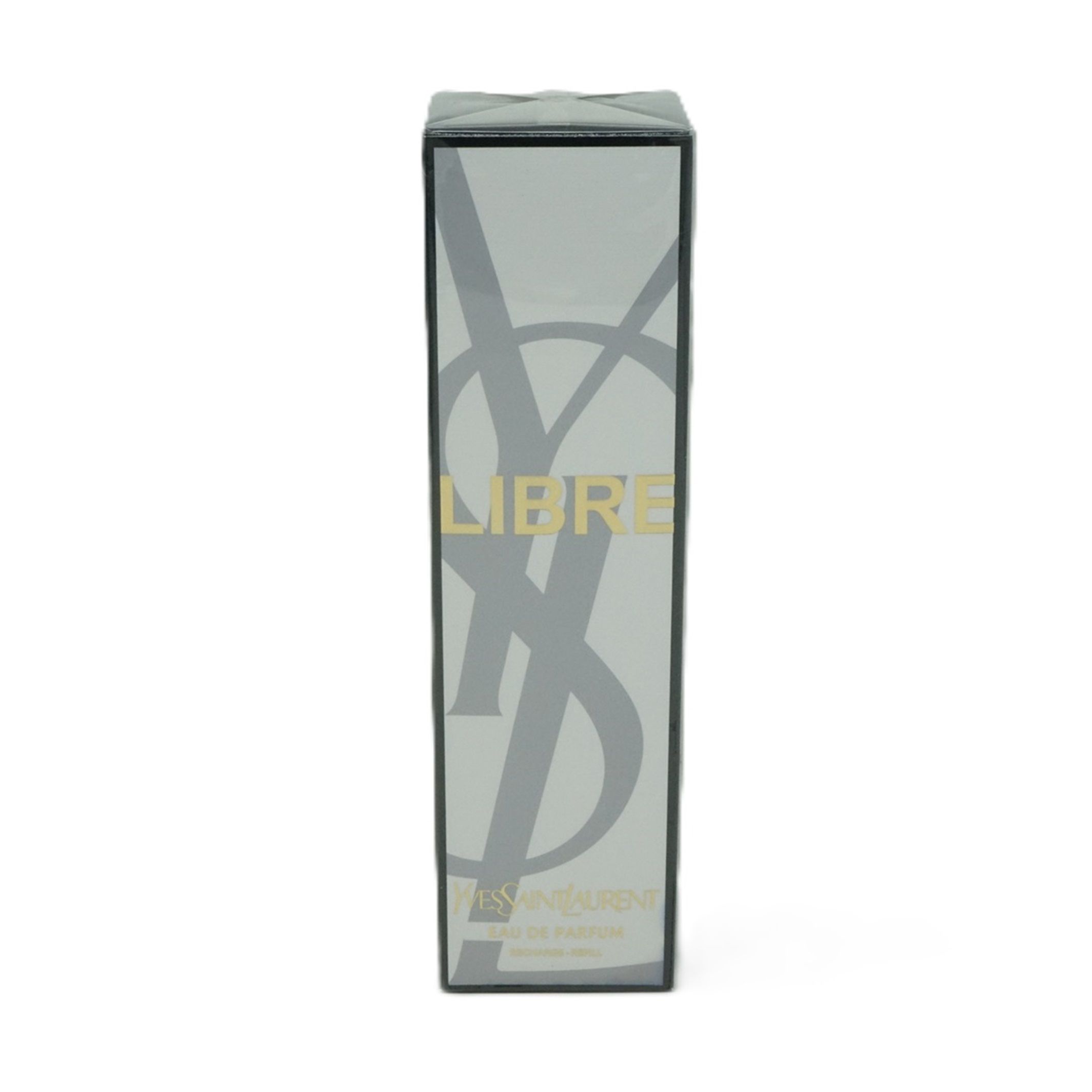 Schwarze rechteckige Verpackung. Aufschrift LIBRE in Gold. YSL-Logo und Schriftzug Eau de Parfum.