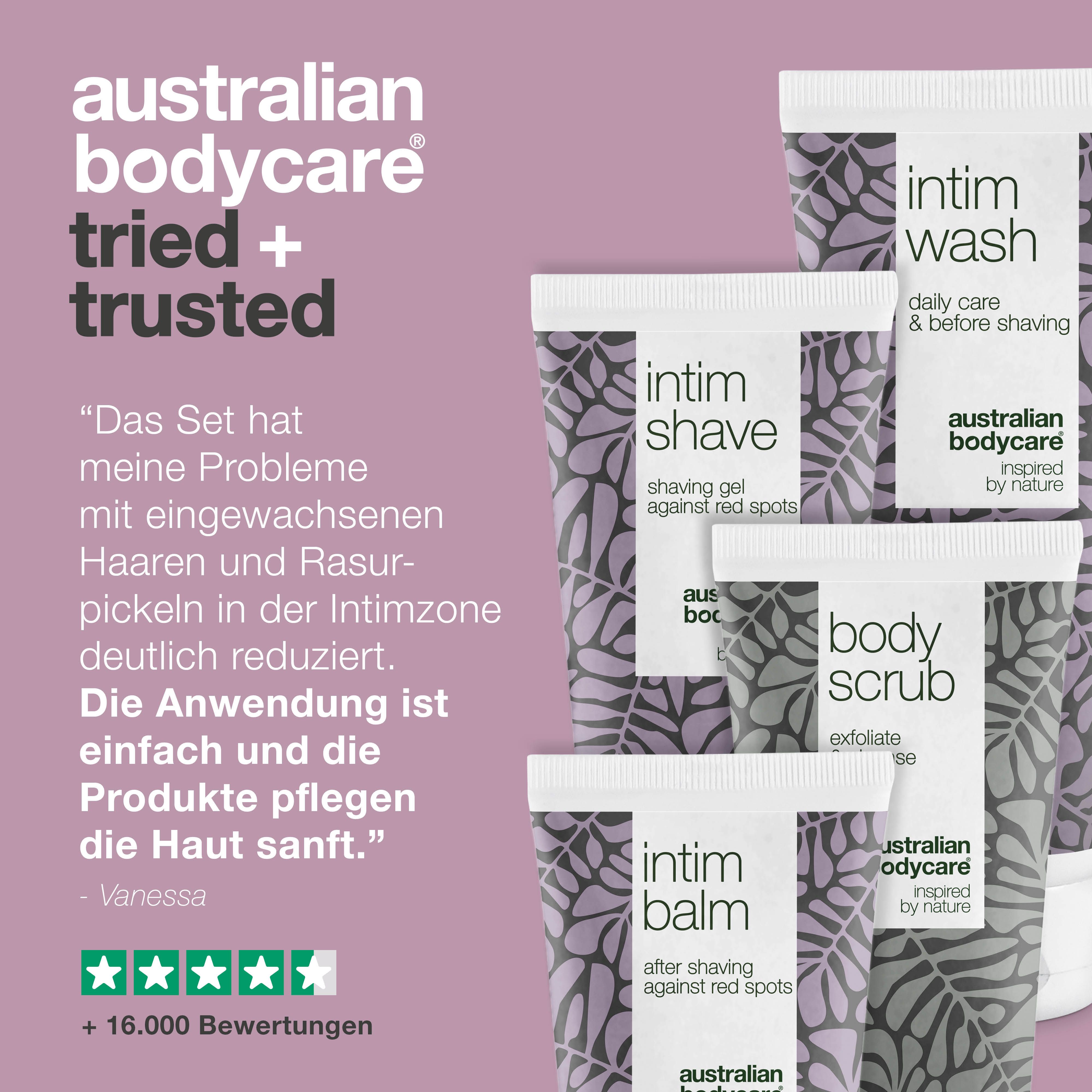 Australian Bodycare. Produkte: Intim Wash, Intim Shave, Intim Balm, Body Scrub. Kundenbewertungen.