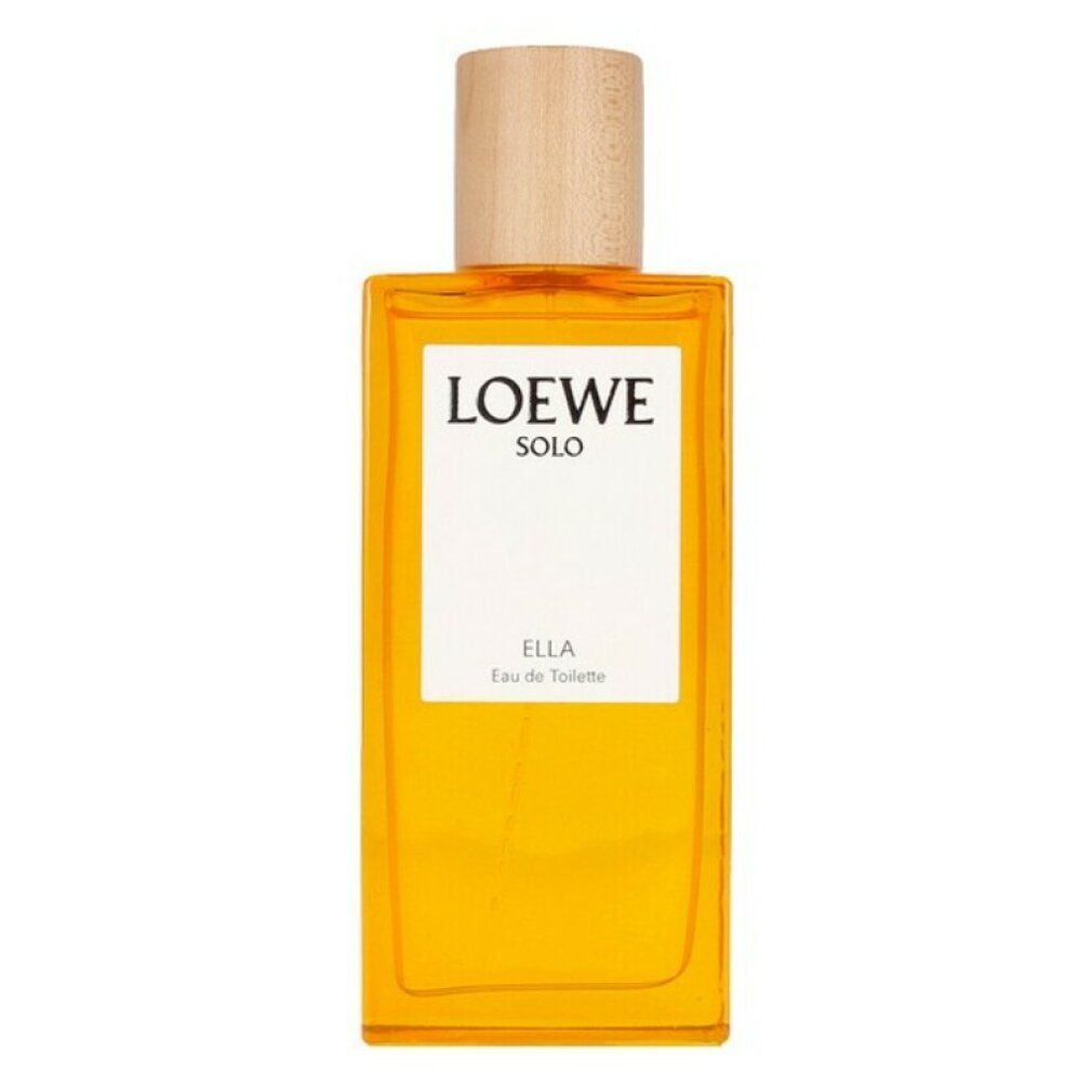 Rechteckiger Flakon mit Holzverschluss. Aufschrift: LOEWE SOLO ELLA Eau de Toilette. Gelbe Flüssigkeit sichtbar.