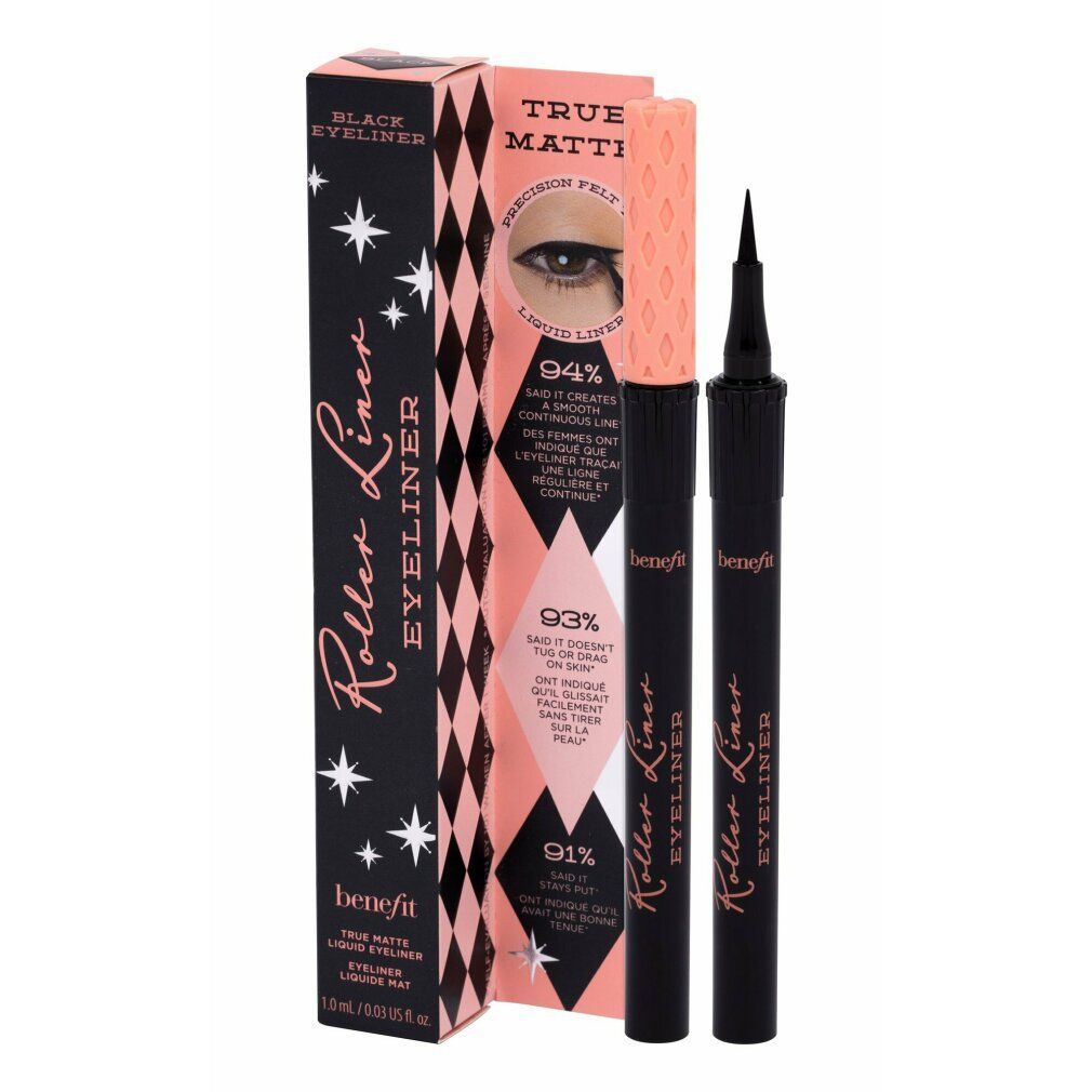 Schwarzer Eyeliner mit Verpackung. Aufschrift: Roller Liner Eyeliner. Rosa und schwarze Verpackung mit Produktinformationen.