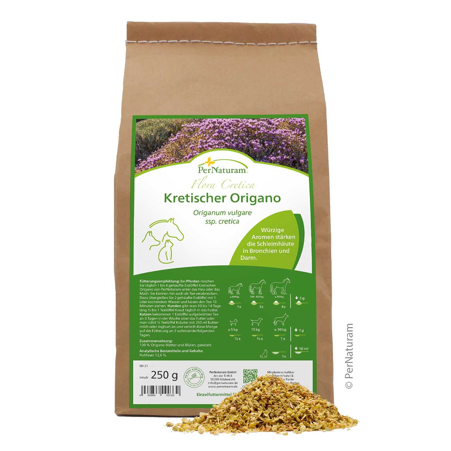 Beutel mit Kretischem Origano. Braune Papiertüte mit grünem Etikett. Produktname und Marke sichtbar. 250g.