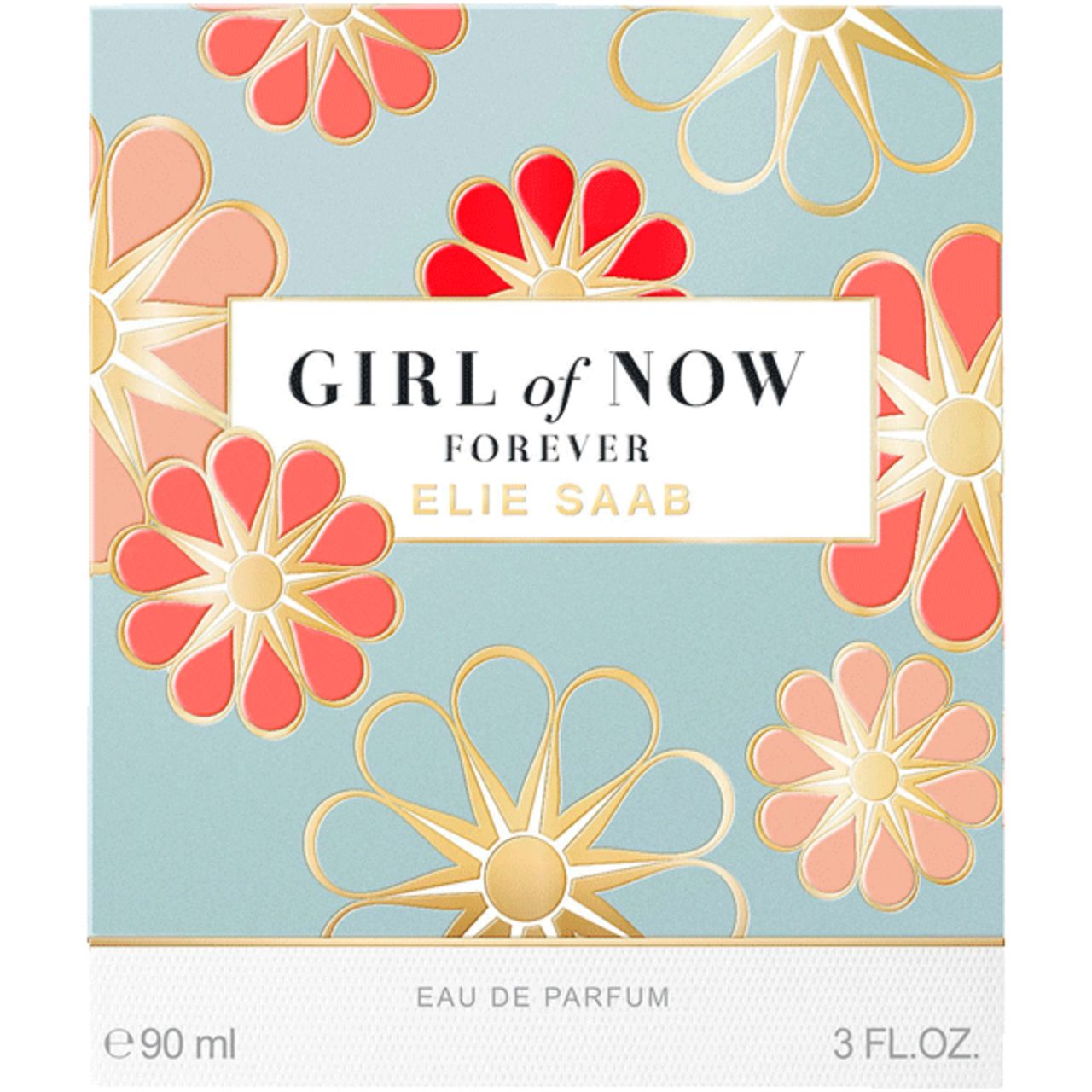 Hellblau-Box mit Blumenmuster. Aufschrift: GIRL of NOW FOREVER ELIE SAAB. Unten: EAU DE PARFUM, e90 ml, 3 FL.OZ.