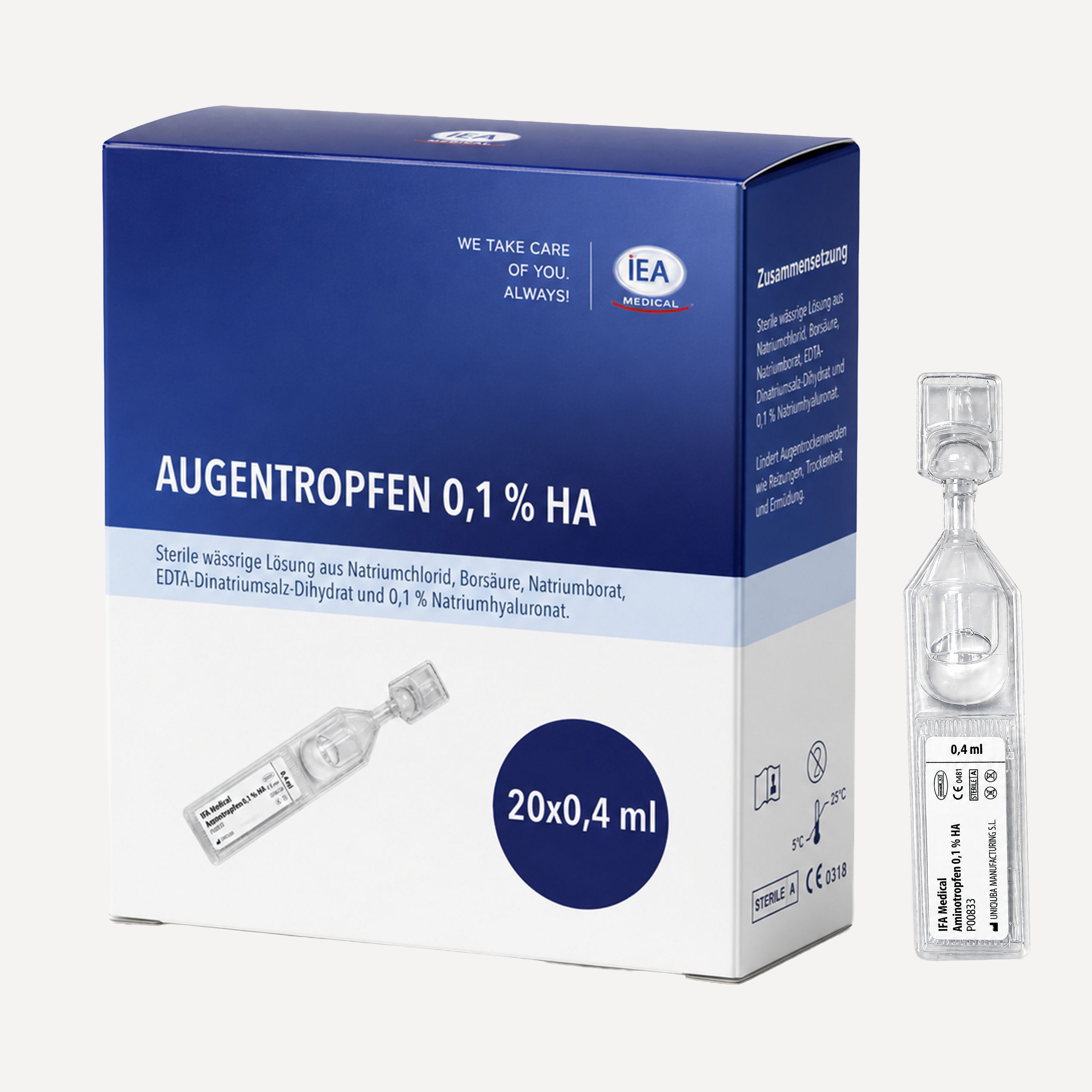 IEA Medical Augentropfen 0,1% HA, sterile Lösung in 20x0,4ml Einzeldosisbehältern.