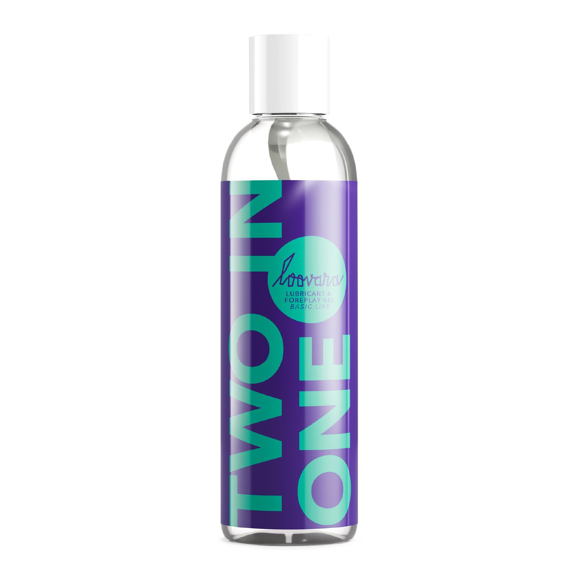 Klare Flasche mit weißem Verschluss, lila Etikett mit türkisfarbener Schrift "TWO IN ONE".