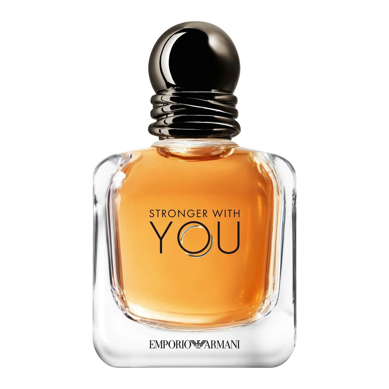 Emporio Armani Stronger With You Flakon. Schwarzer Deckel, Schriftzug.