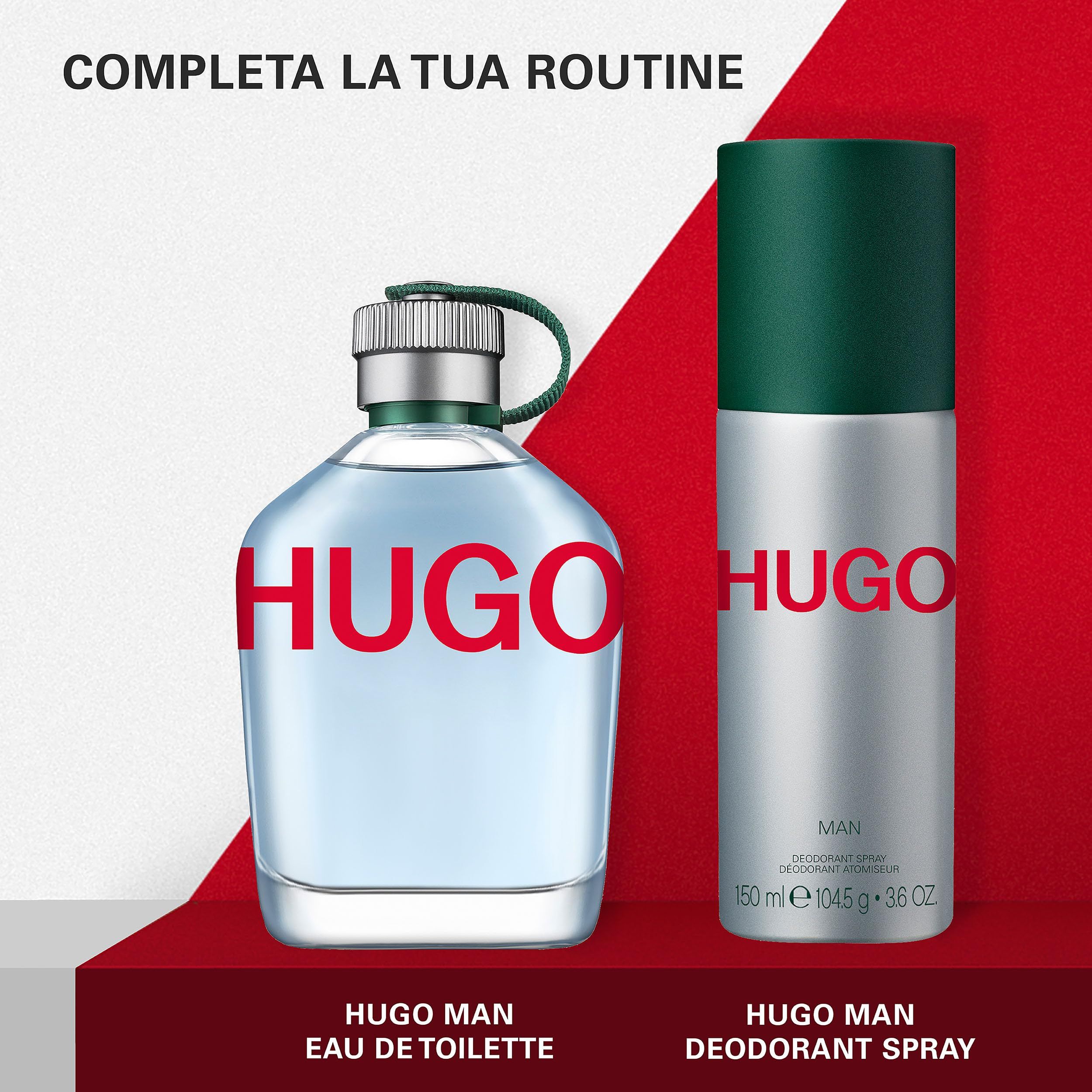 Hugo Eau de Toilette Flakon auf roten "HUGO" Buchstaben.