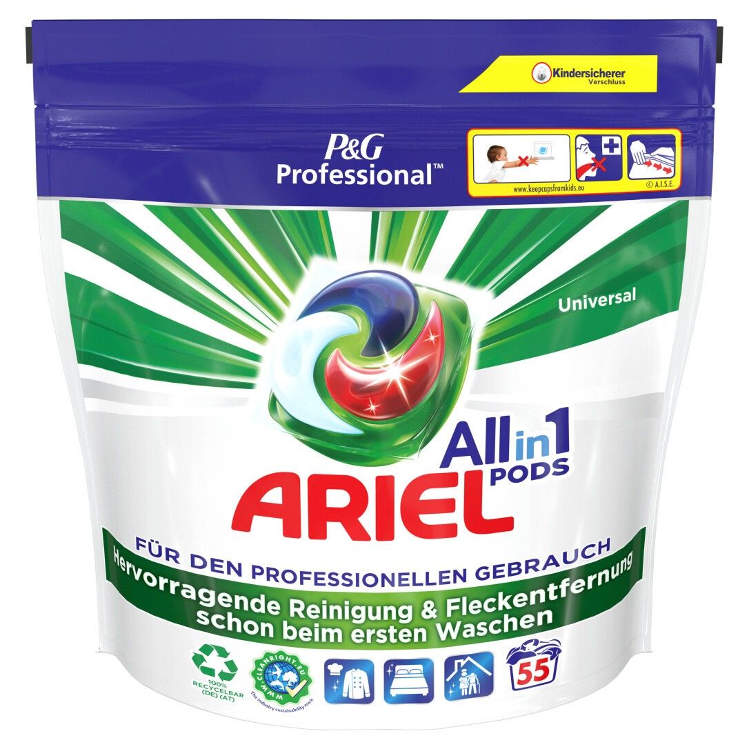 Ariel All-in-1 PODS-Verpackung. P&G Professional. Grüne und weiße Verpackung mit Logo und Text. Aufschrift: Hervorragende Reinigung & Fleckentfernung.