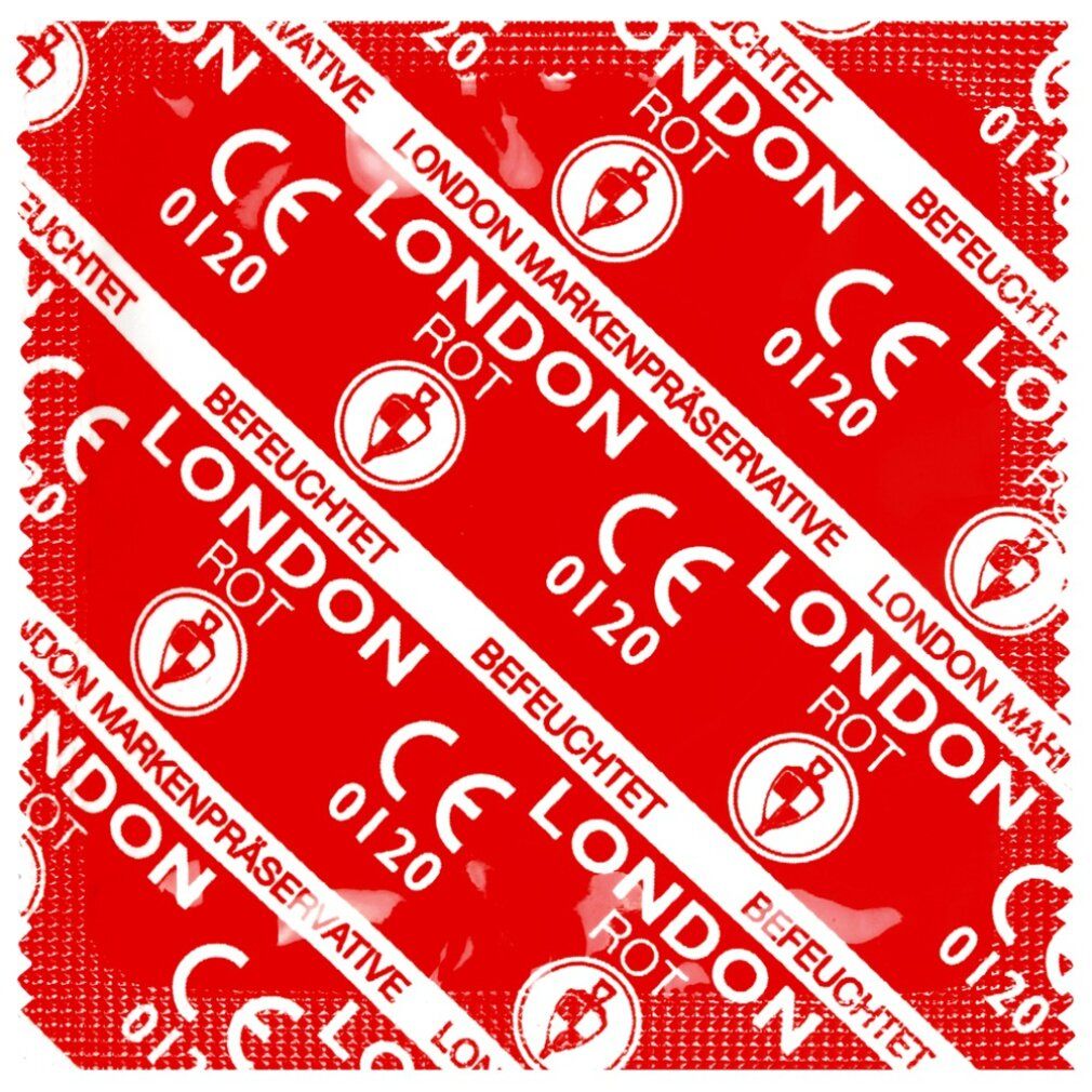 Einzelnes rotes Kondom-Päckchen mit weißem Aufdruck 'LONDON', 'ROT', 'BEFEUCHTET' und CE 0120.