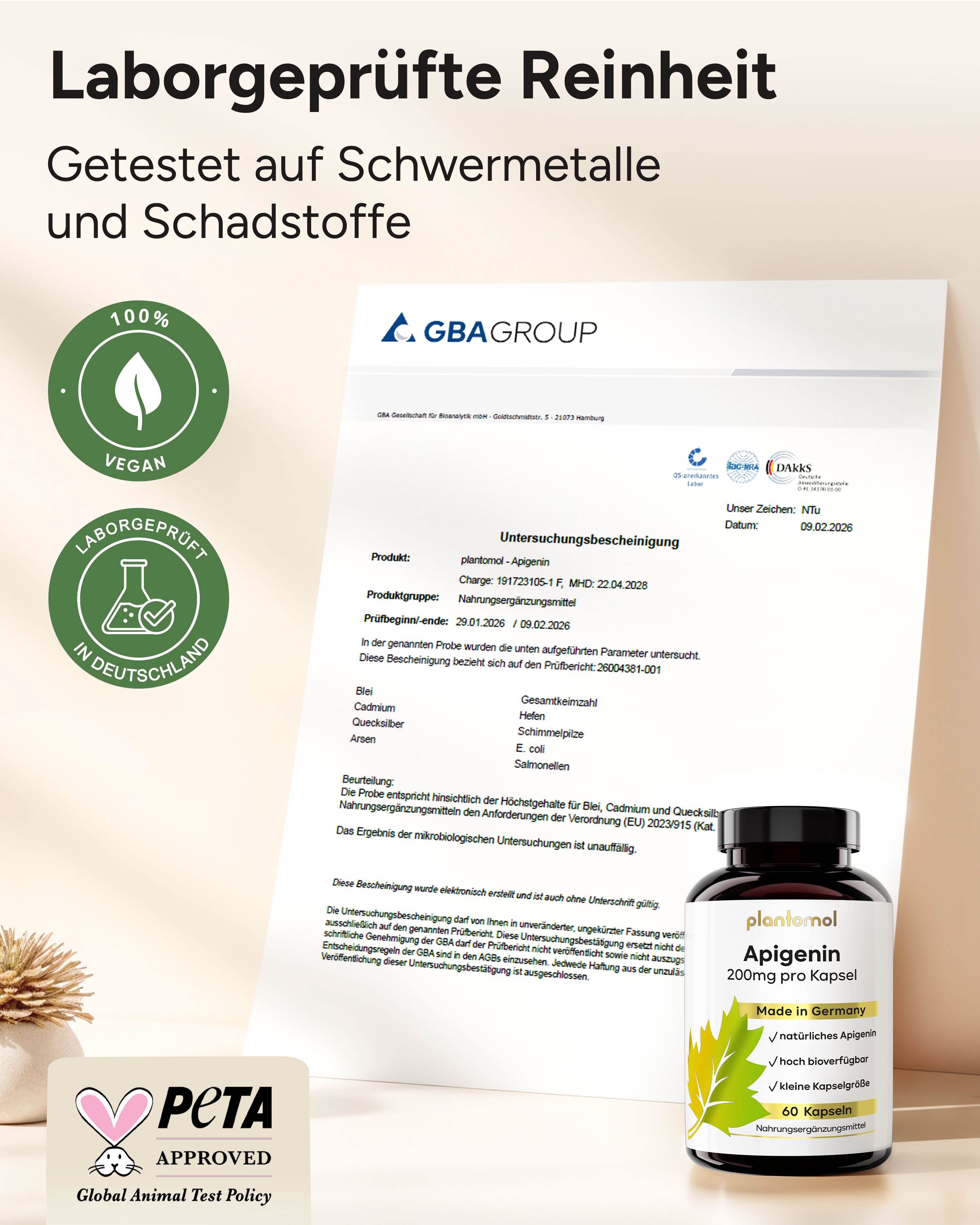 Zertifikate und Flasche. Vegan-Siegel, Laborgeprüft in Deutschland, PETA-Siegel. Flasche: plantomol Apigenin 200mg pro Kapsel.