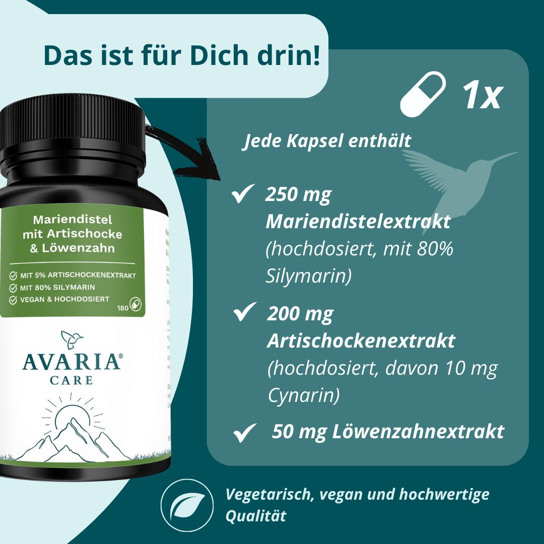 Produktflasche mit Aufschrift: Mariendistel, Artischocke & Löwenzahn. Text: 250 mg Mariendistel, 200 mg Artischocke, 50 mg Löwenzahn. Vegan.