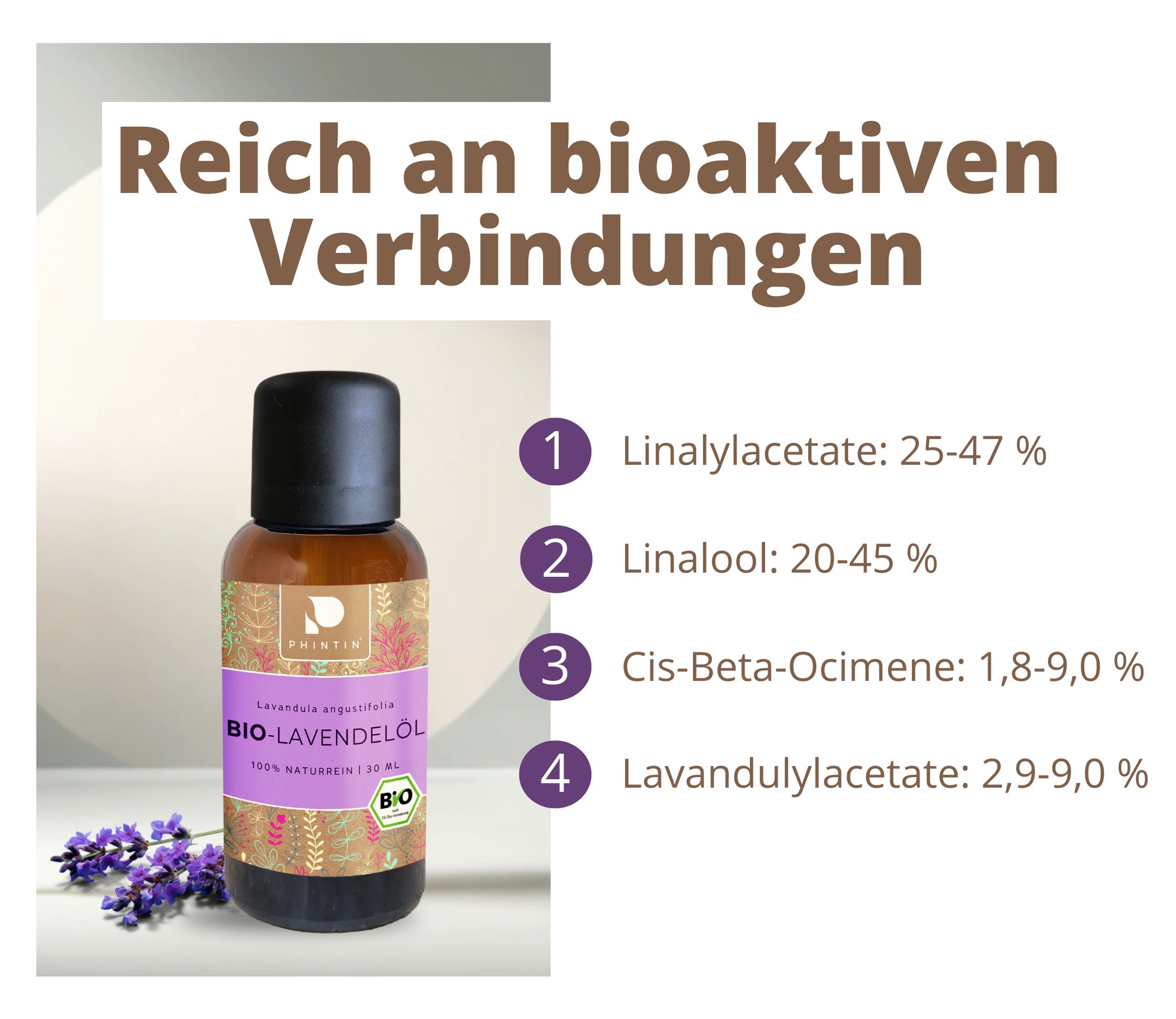 PHINTIN Bio Lavendelöl – 100 % naturrein, ätherisches Öl (Lebensmittelqualität)