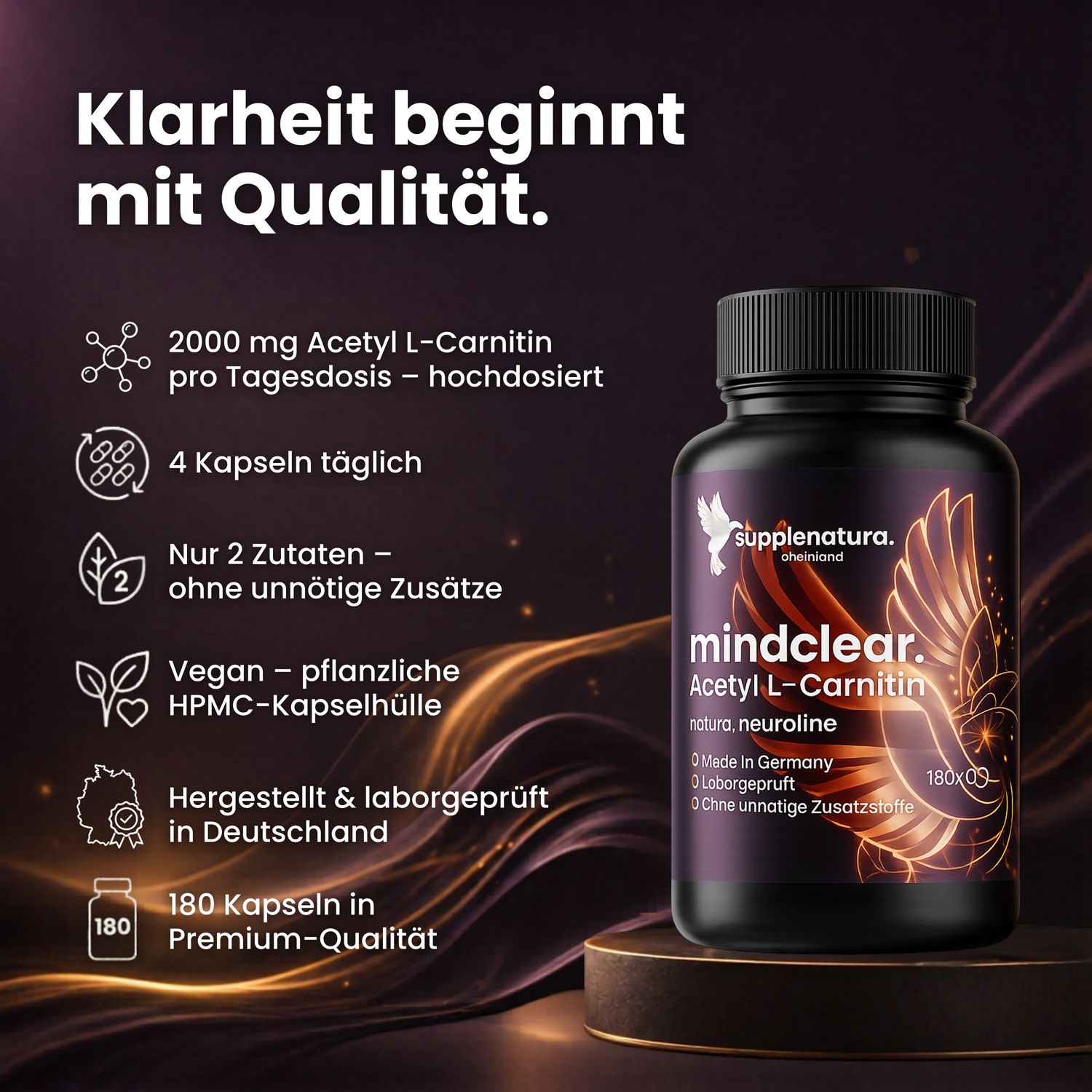 Flasche mit Mindclear Acetyl L-Carnitin, 180 Kapseln, Made in Germany, Labor geprüft.