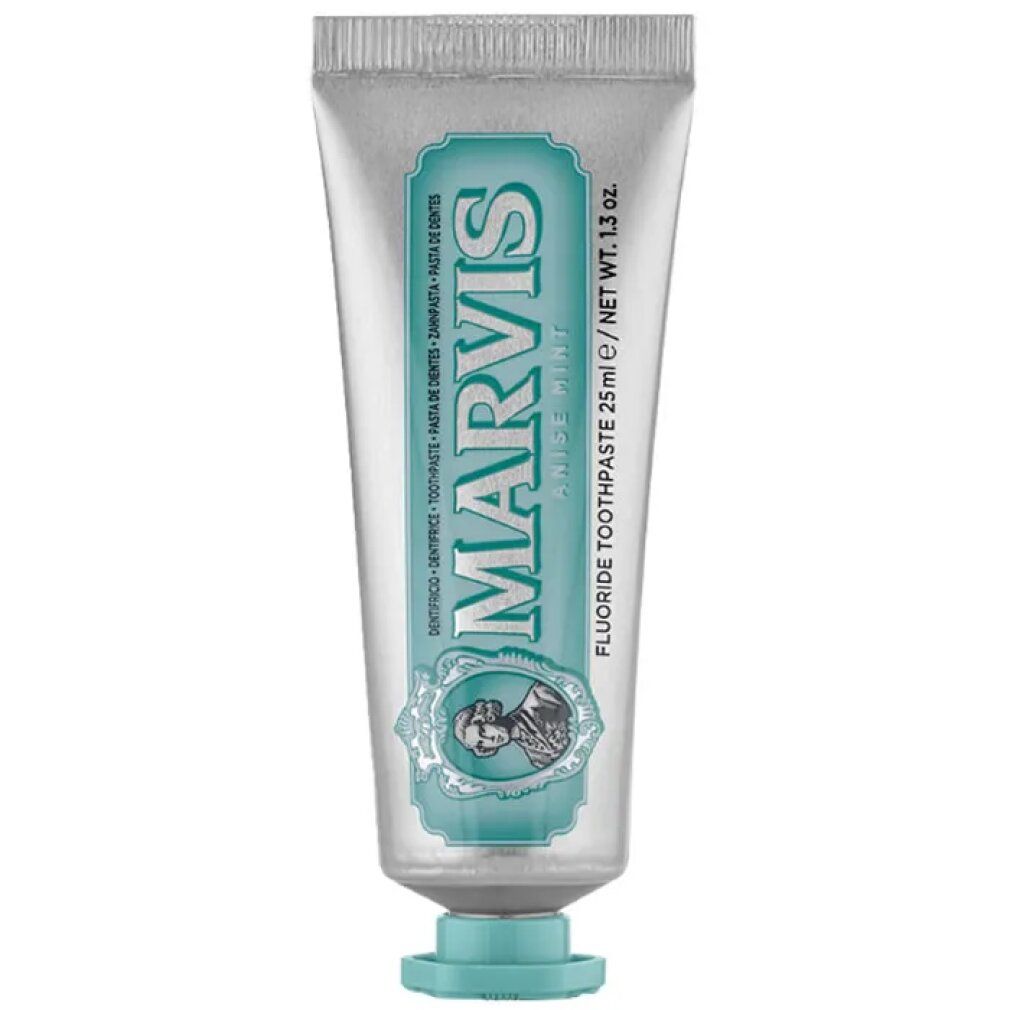 Zahnpasta-Tube, silberfarben mit türkisfarbenen Akzenten. Aufschrift: MARVIS, Anise Mint. 25 ml/1.3 oz.