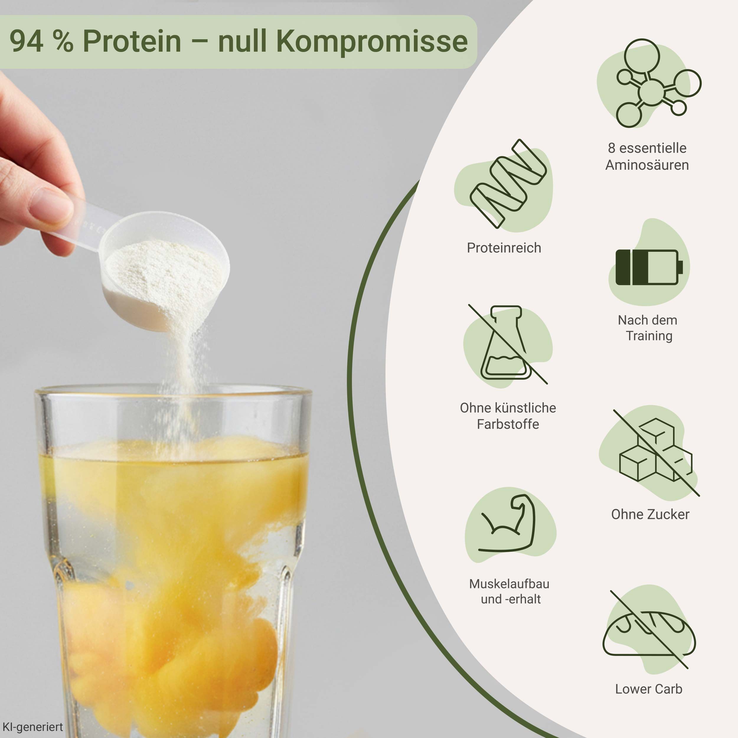 Eine Hand streut weißes Proteinpulver aus einem Löffel in ein Glas mit gelber Flüssigkeit. Icons zeigen Aminosäuren, Protein, Muskelaufbau, ohne Farbstoffe, Zucker und Kohlenhydrate.