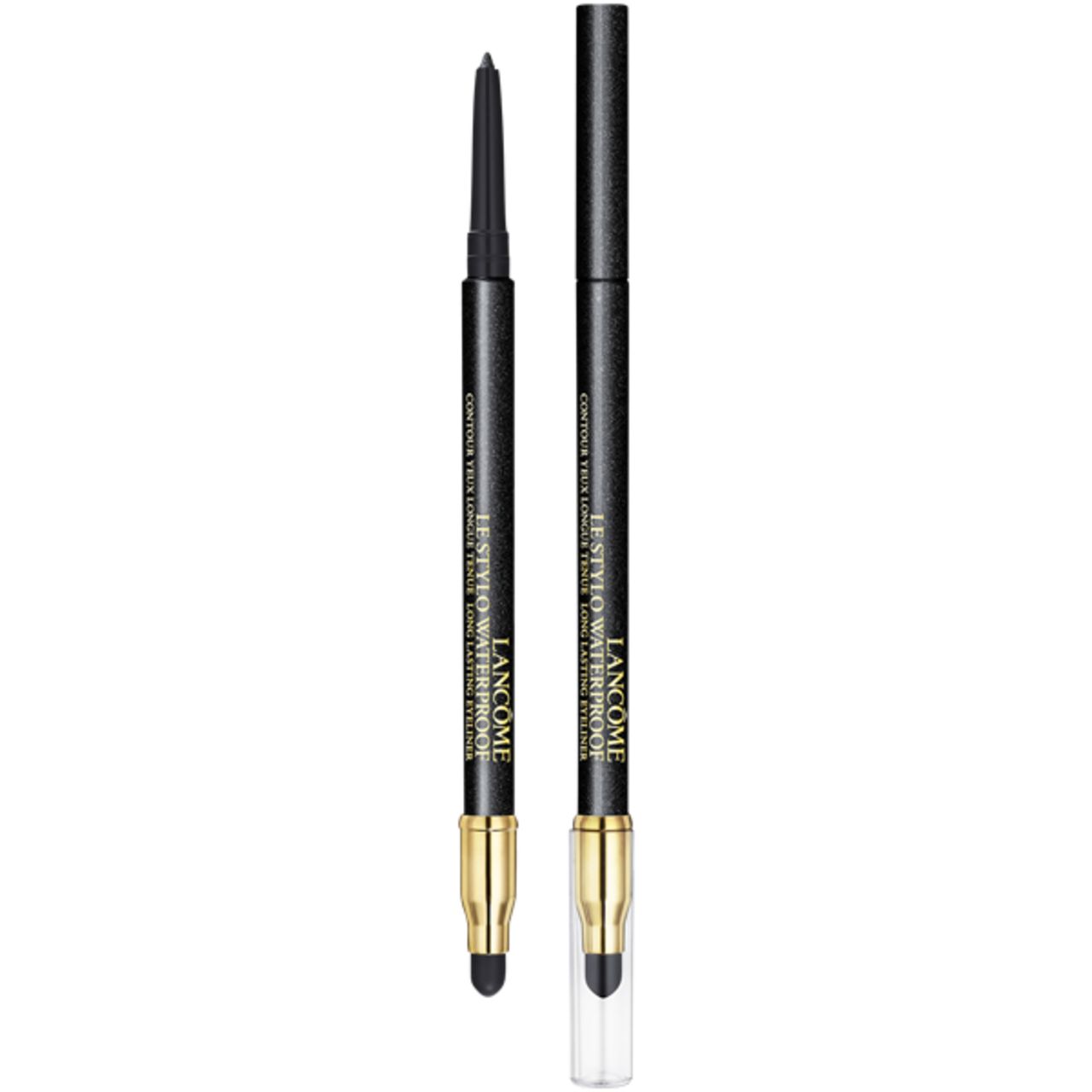 Zwei schwarze Eyeliner-Stifte. Goldfarbene Akzente. Aufschrift: Lancôme, Le Stylo Waterproof.