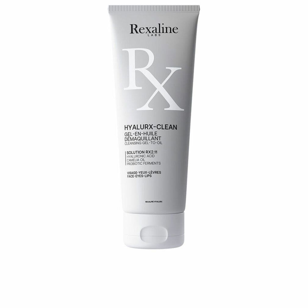 Graue Tube mit weißem Deckel. Aufschrift: Rexaline, Hyalurx-Clean, Gel-en-huile démaquillant. Enthält Hyaluronsäure und Kamelienöl.
