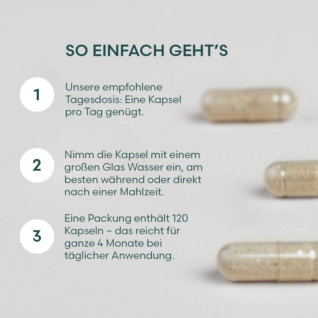 Drei Kapseln neben Text: Empfohlene Tagesdosis: Eine Kapsel pro Tag. Einnahme mit Wasser. Eine Packung enthält 120 Kapseln.