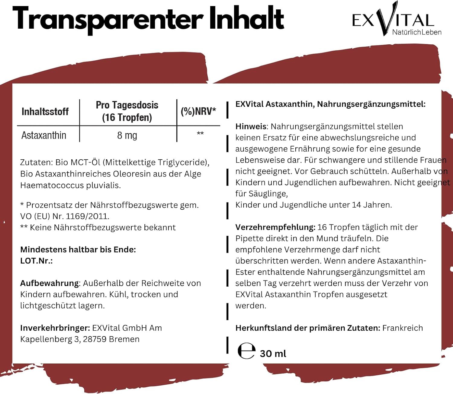 EXVital Astaxanthin, Nährwerttabelle. 16 Tropfen = 8 mg Astaxanthin. Inhaltsstoffe. Mindesthaltbarkeit. 30 ml Flasche.