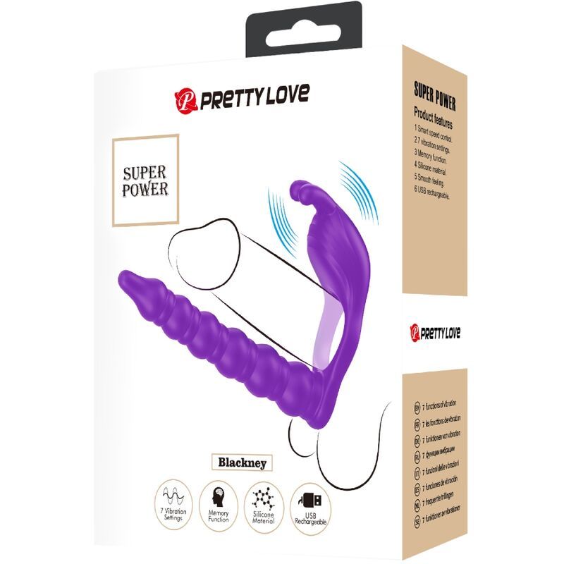 Verpackung mit Produktabbildung. Produkt: Blackney Penisringe. Text: SUPER POWER, Pretty Love. Merkmale: 7 Vibrationen, Memory-Funktion, Silikonmaterial, USB-Aufladung.