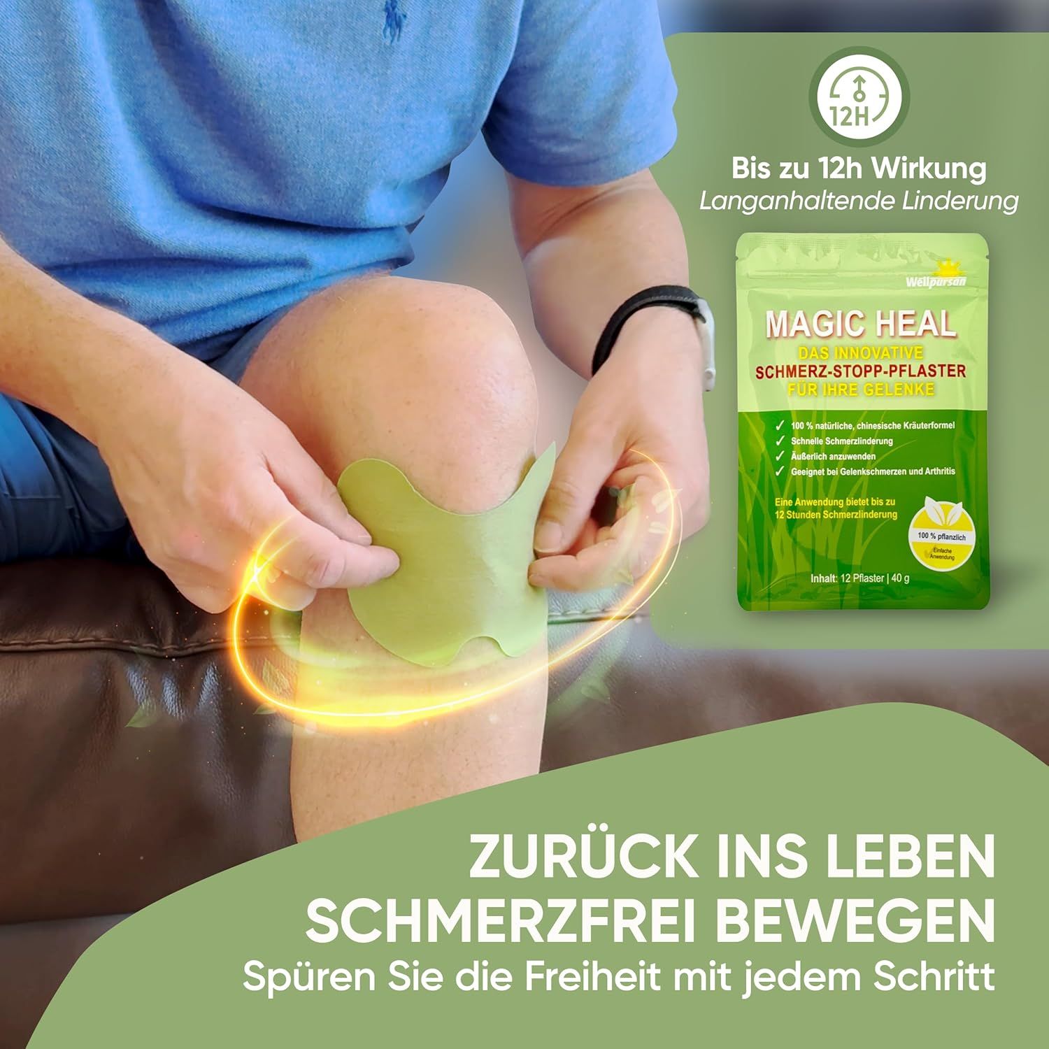 Mann mit Knie-Schmerz-Stopp-Pflaster. Verpackung mit Produktnamen. Pflaster grün, herzförmig. Grafik zeigt bis zu 12h Wirkung.