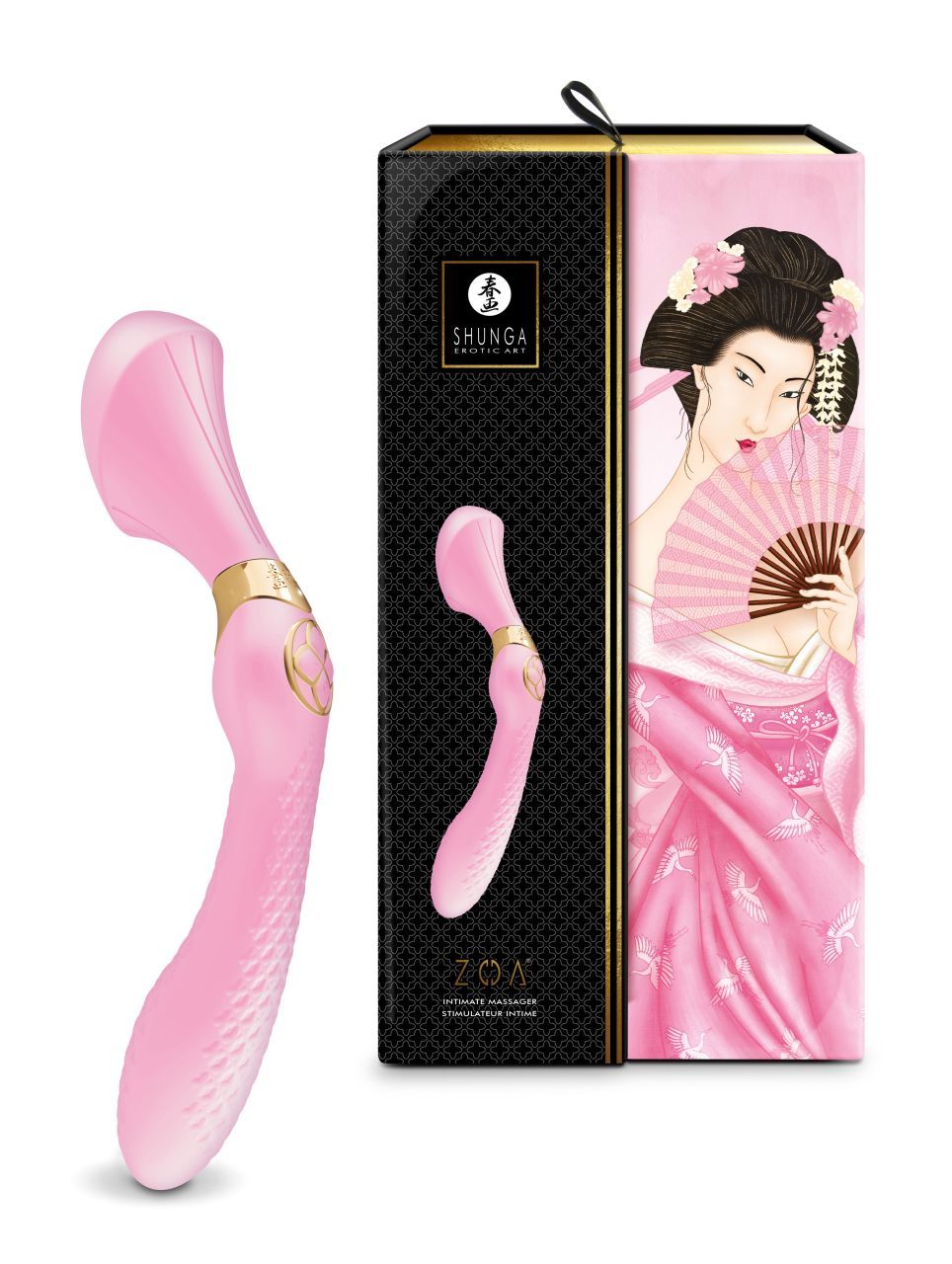 Verpackung mit einem rosa Intim-Massagegerät und einer japanischen Geisha-Illustration.