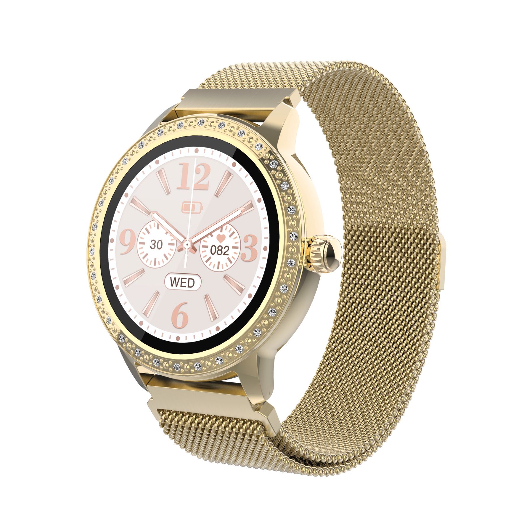 Goldene Smartwatch mit Mesh-Armband. Zifferblatt mit Ziffern und Indizes. Lünette mit Schmucksteinen besetzt.