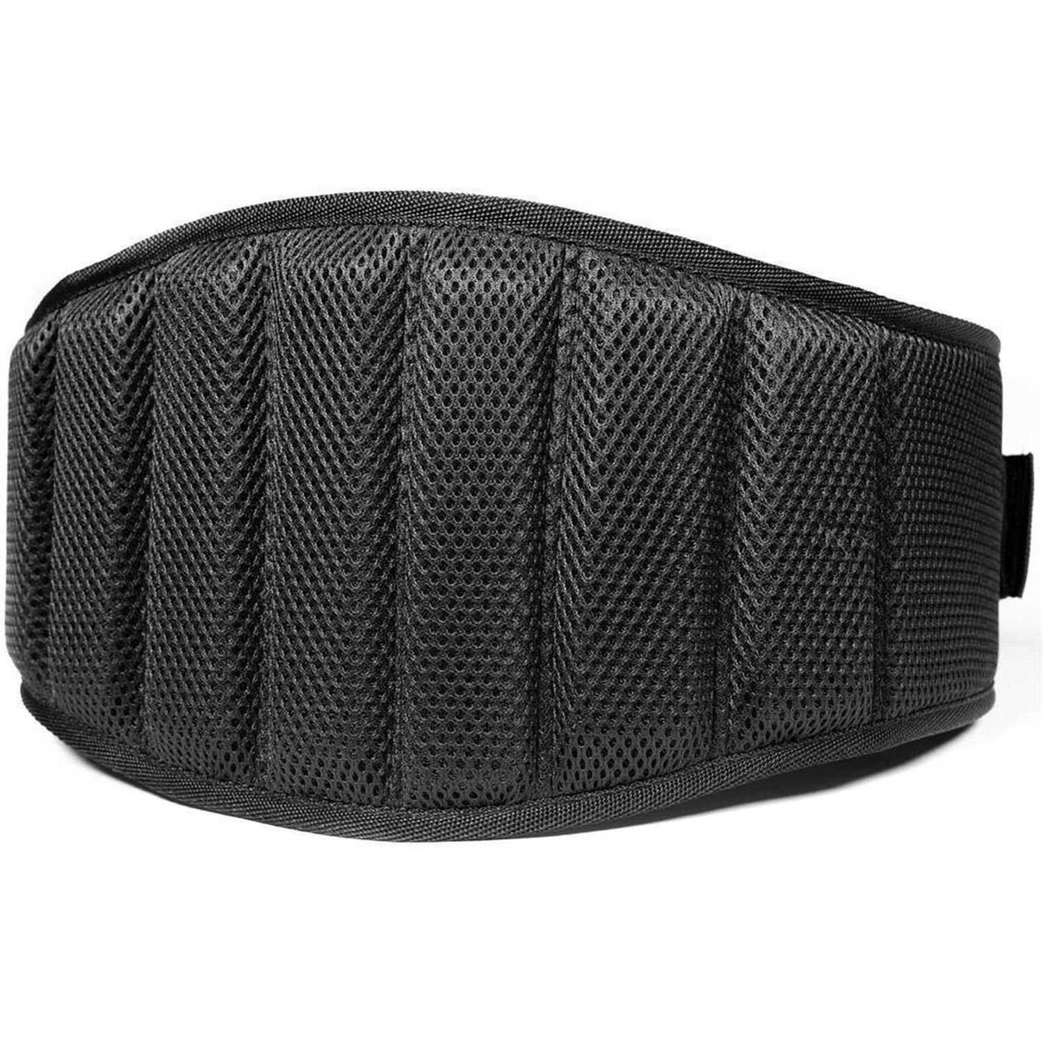 Schwarzer Gewichthebergürtel, Rückseite. Mesh-Material mit vertikalen Polstern. Keine Marke sichtbar.