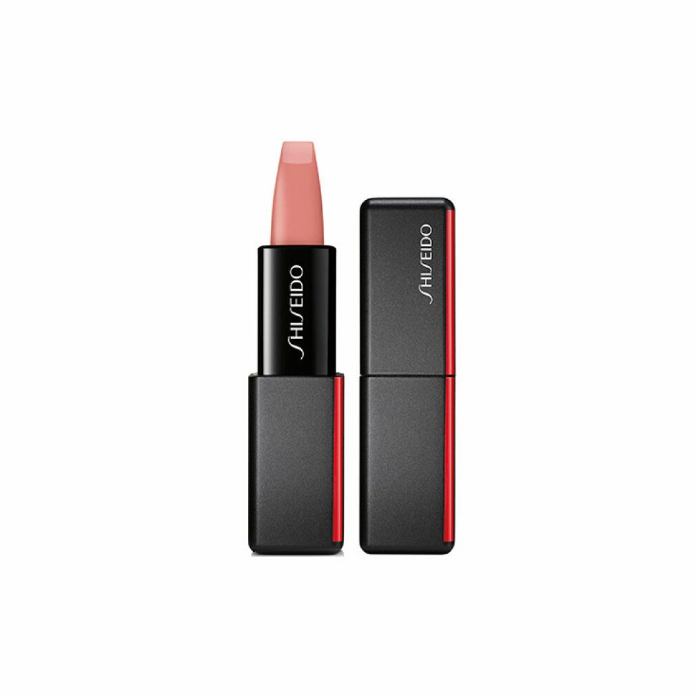 Lippenstift mit schwarzem Gehäuse und rotem Akzent. Der Lippenstift ist hellrosa. Auf dem Gehäuse steht „SHISEIDO“. Der Deckel liegt daneben.