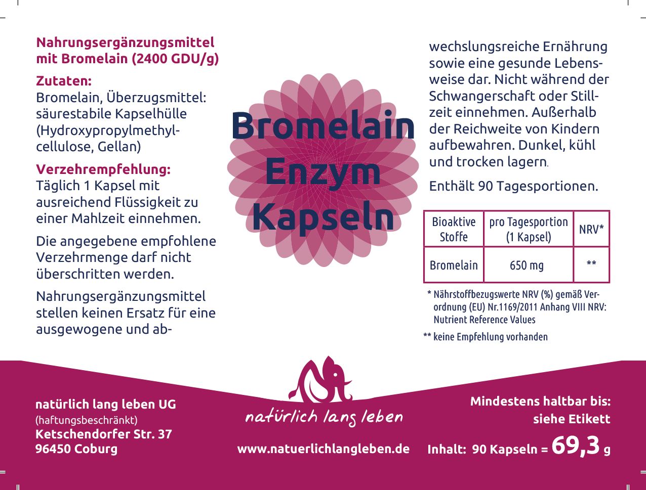 natürlich lang leben Bromelain Enzym Kapseln 55,8 g