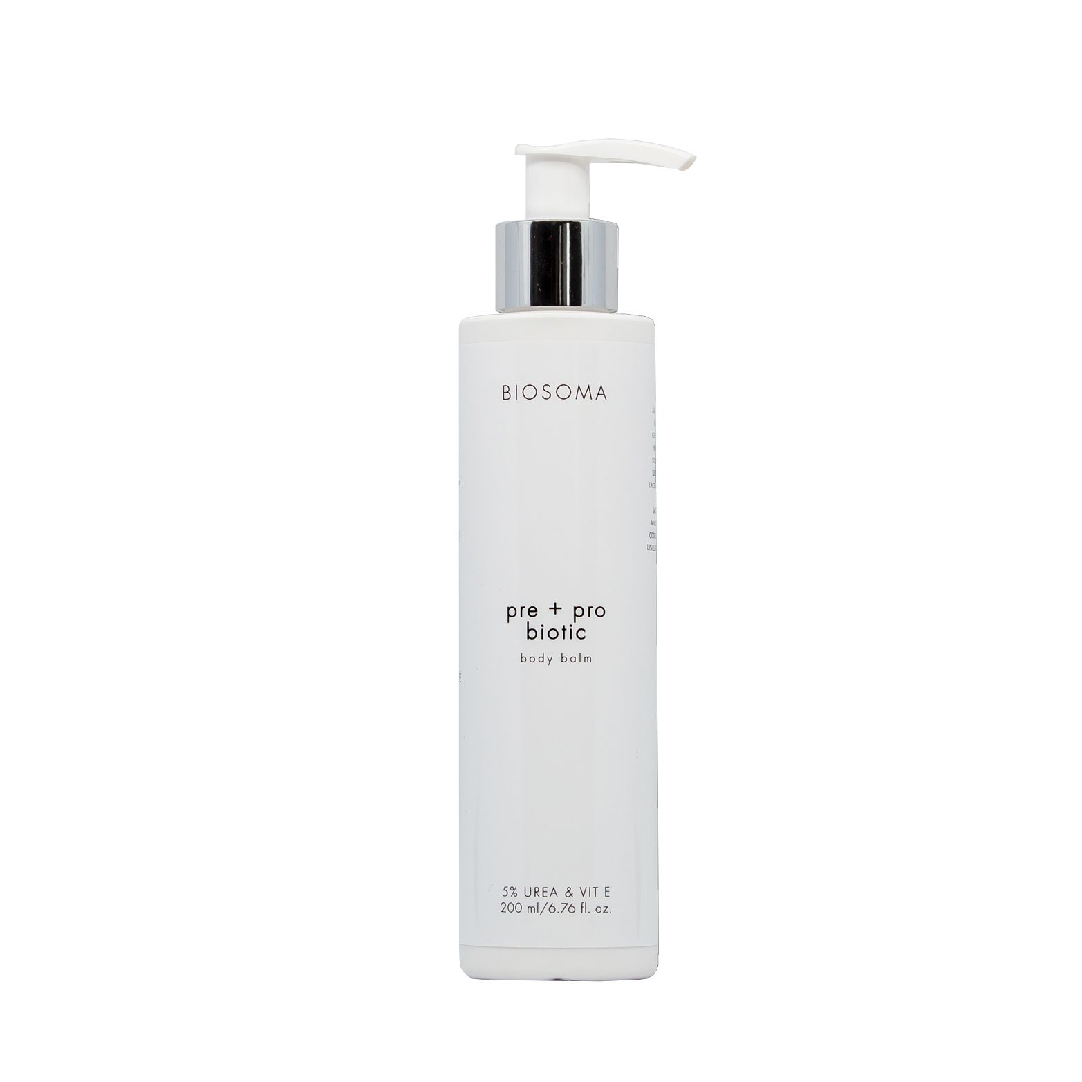 Weiße Flasche mit Pumpe. Aufschrift BIOSOMA, pre + pro biotic body balm. Enthält 3% Urea & Vit E.