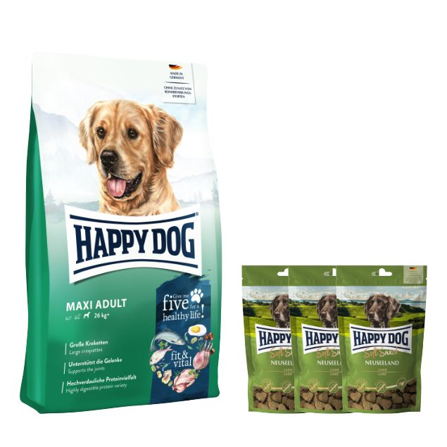 Hundefutter-Packung und drei Snack-Beutel. Auf der Packung ist ein Hund abgebildet. Auf den Beuteln ist ein Hund abgebildet.
