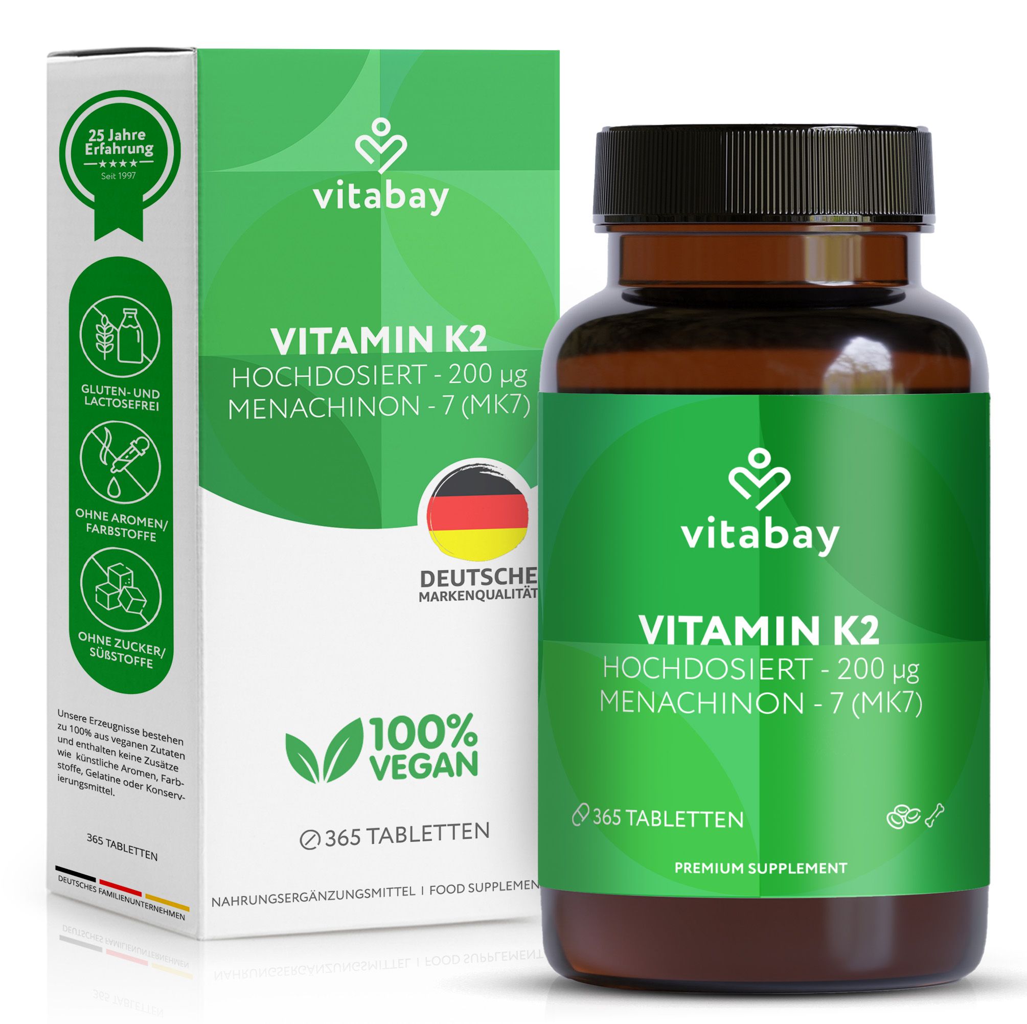 Braune Glasflasche und grüne Verpackung mit "Vitabay Vitamin K2". Enthält 365 Tabletten. Vegan, gluten- und zuckerfrei.