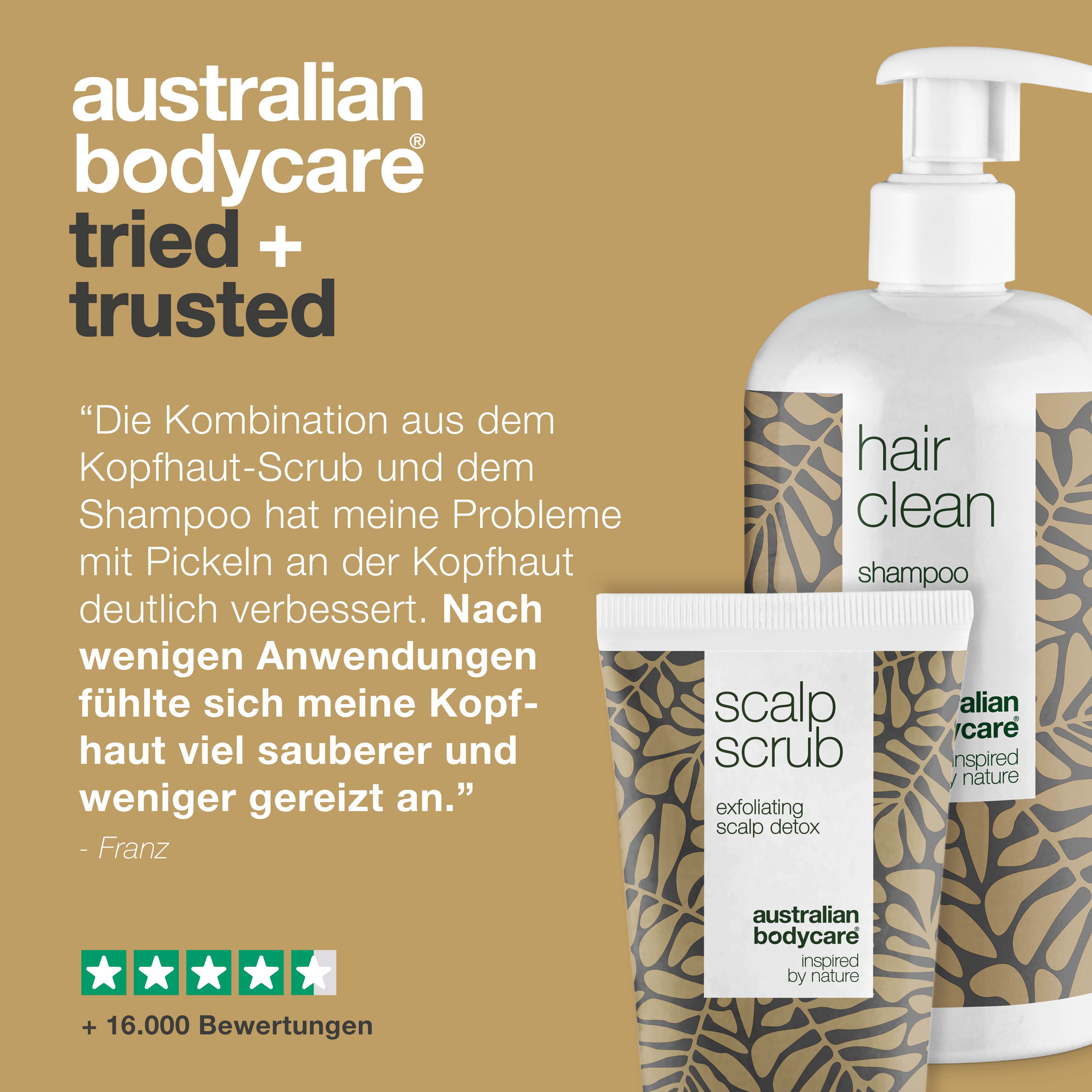 Shampoo und Peeling. Zitat und 5-Sterne-Bewertung. Marke: Australian Bodycare.
