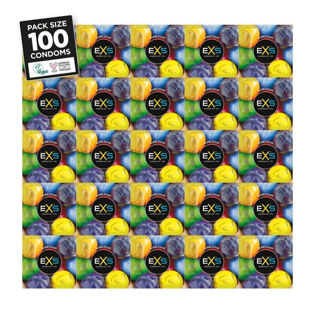 Packung mit 100 Kondomen. Aufschrift: EXS, Bubblegum, Vegan.