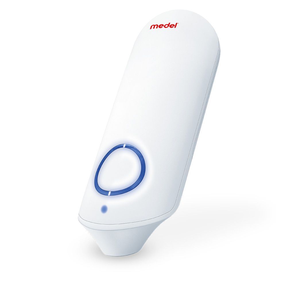 Weißes, ovales Gerät mit blauem Lichtring und rotem "medel"-Logo. Medizinprodukt.