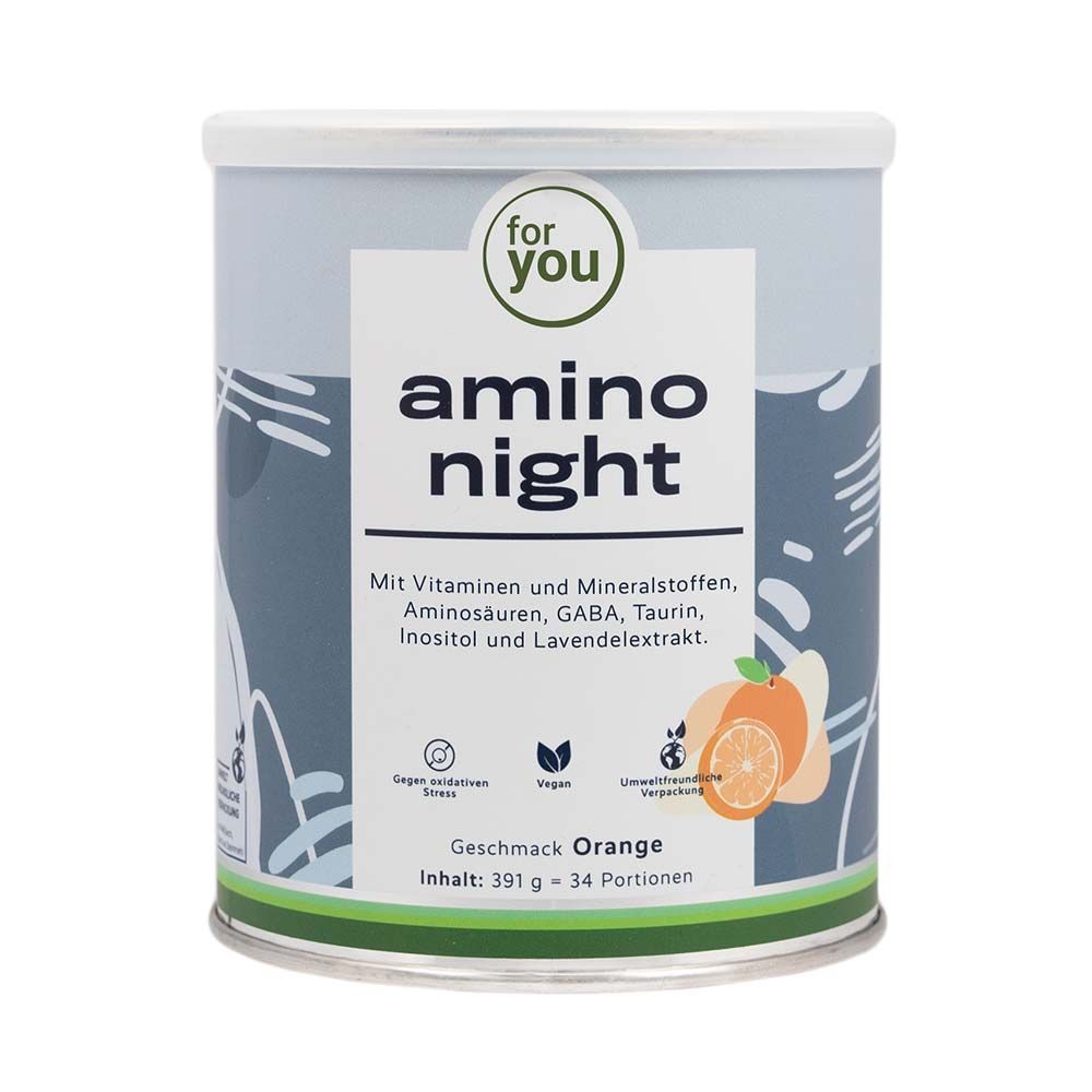 Zylindrische Dose mit "for you" und "amino night" Aufdruck. Orange-Geschmack. Enthält Vitamine, Mineralstoffe, Aminosäuren, GABA, Taurin, Inositol und Lavendelextrakt.
