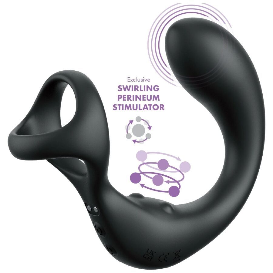Schwarzes Wellness-Produkt mit Ring und gebogener Form. Merkmale: Swirling Perineum Stimulator. Produktname nicht sichtbar.