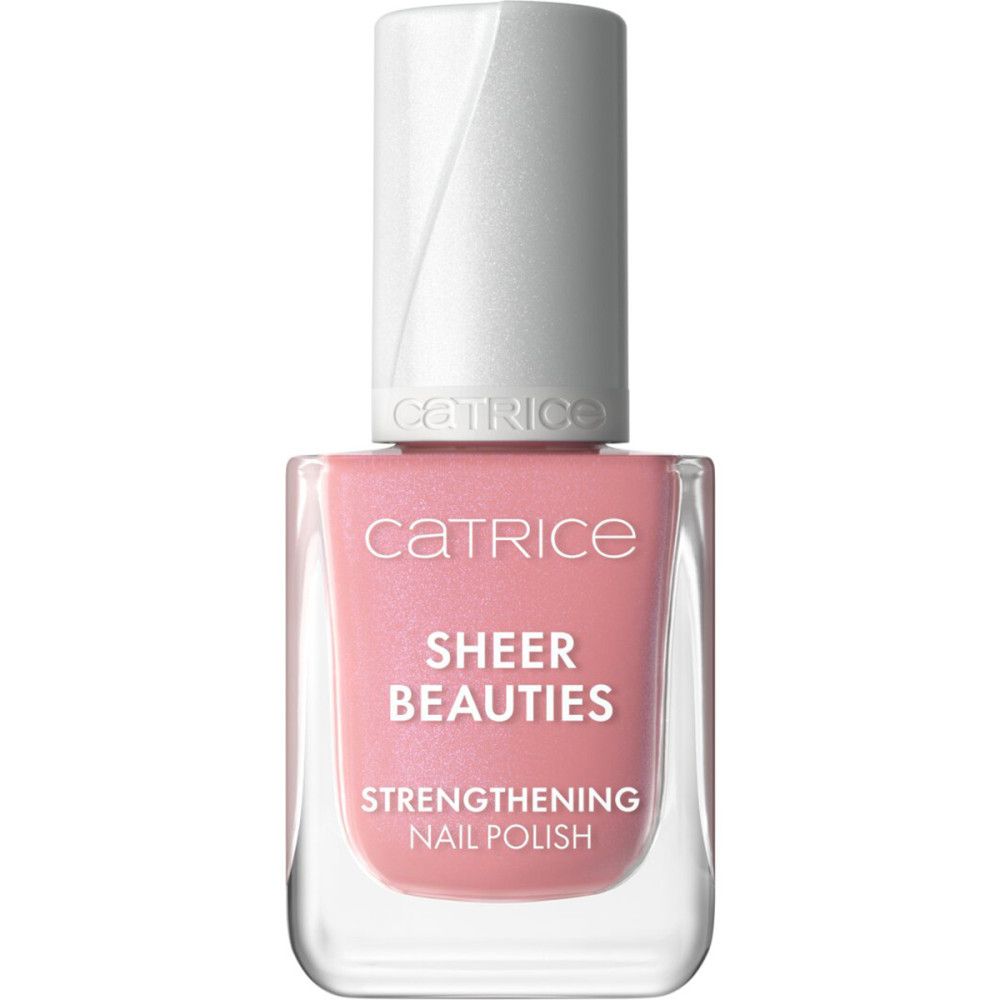 Nagellackflasche. Rosa Lack in transparenter Flasche. Schriftzug: Catrice, Sheer Beauties, Strengthening Nail Polish.