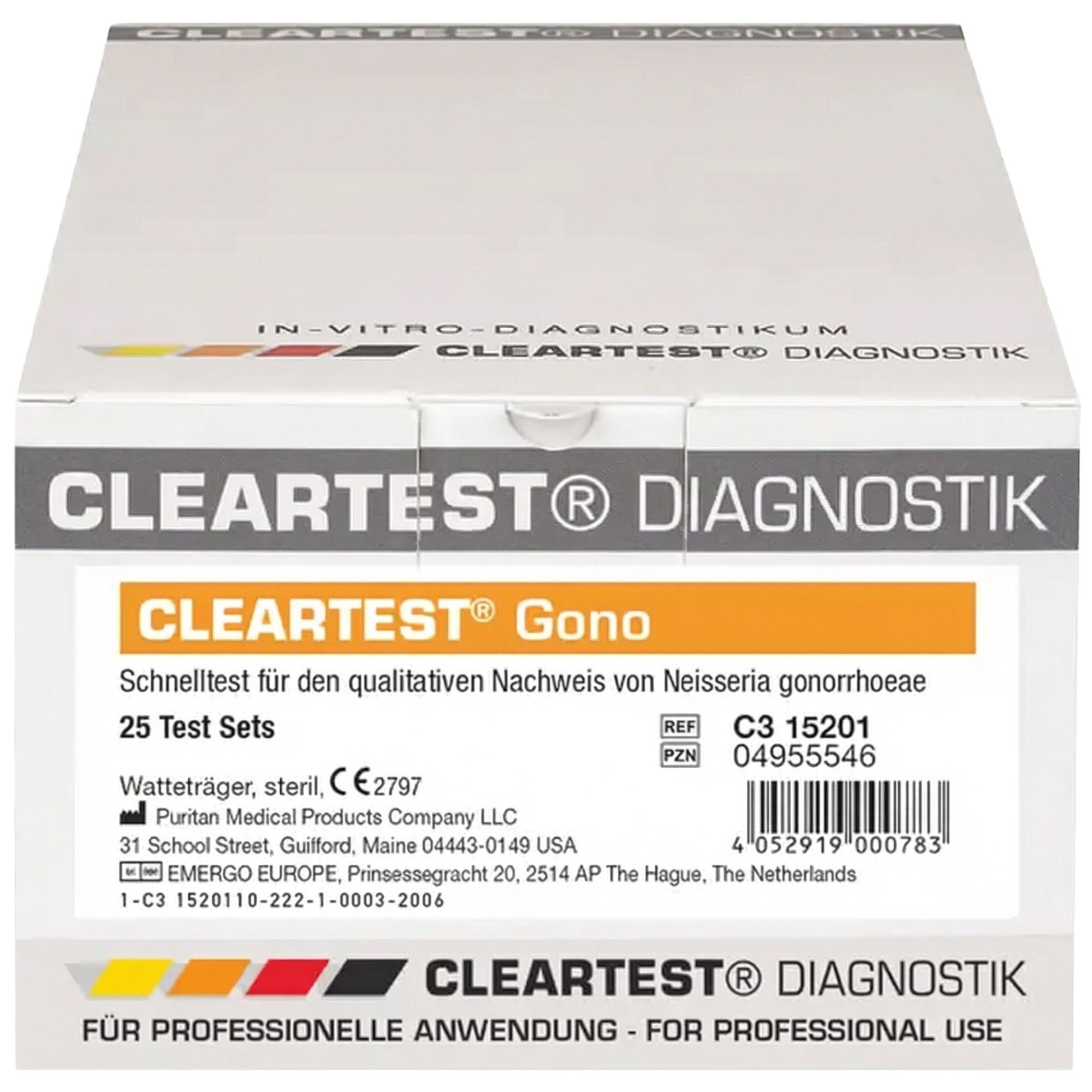 Karton Cleartest® Diagnostik. Aufschrift: Cleartest® Gono. 25 Test Sets. Für professionelle Anwendung. CE-Kennzeichnung.