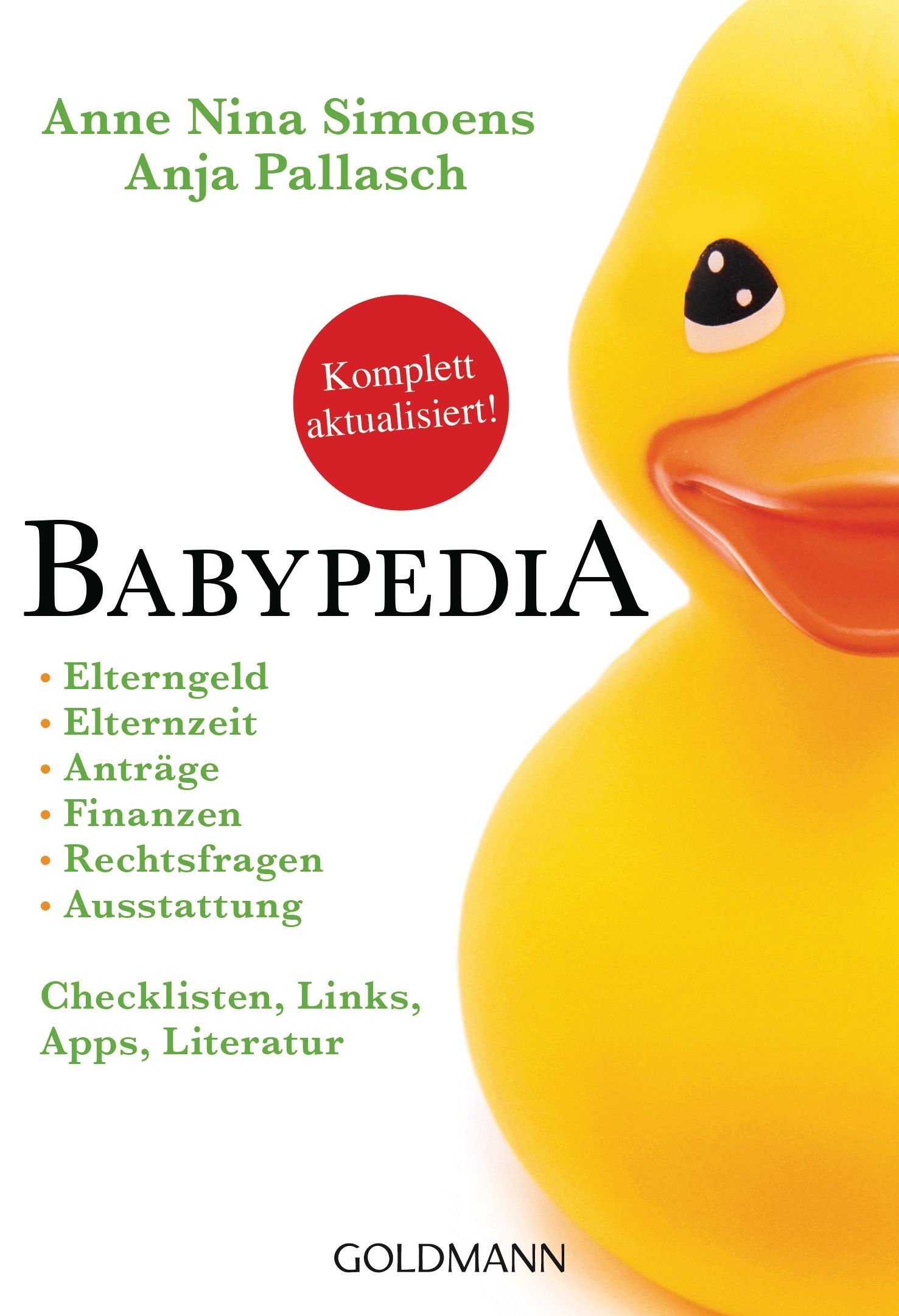 Buchcover von Babypedia. Titel in Großbuchstaben, Autorennamen, Stichworte zu Inhalten. Roter Kreis mit Text. Gelbe Quietscheente im Hintergrund.